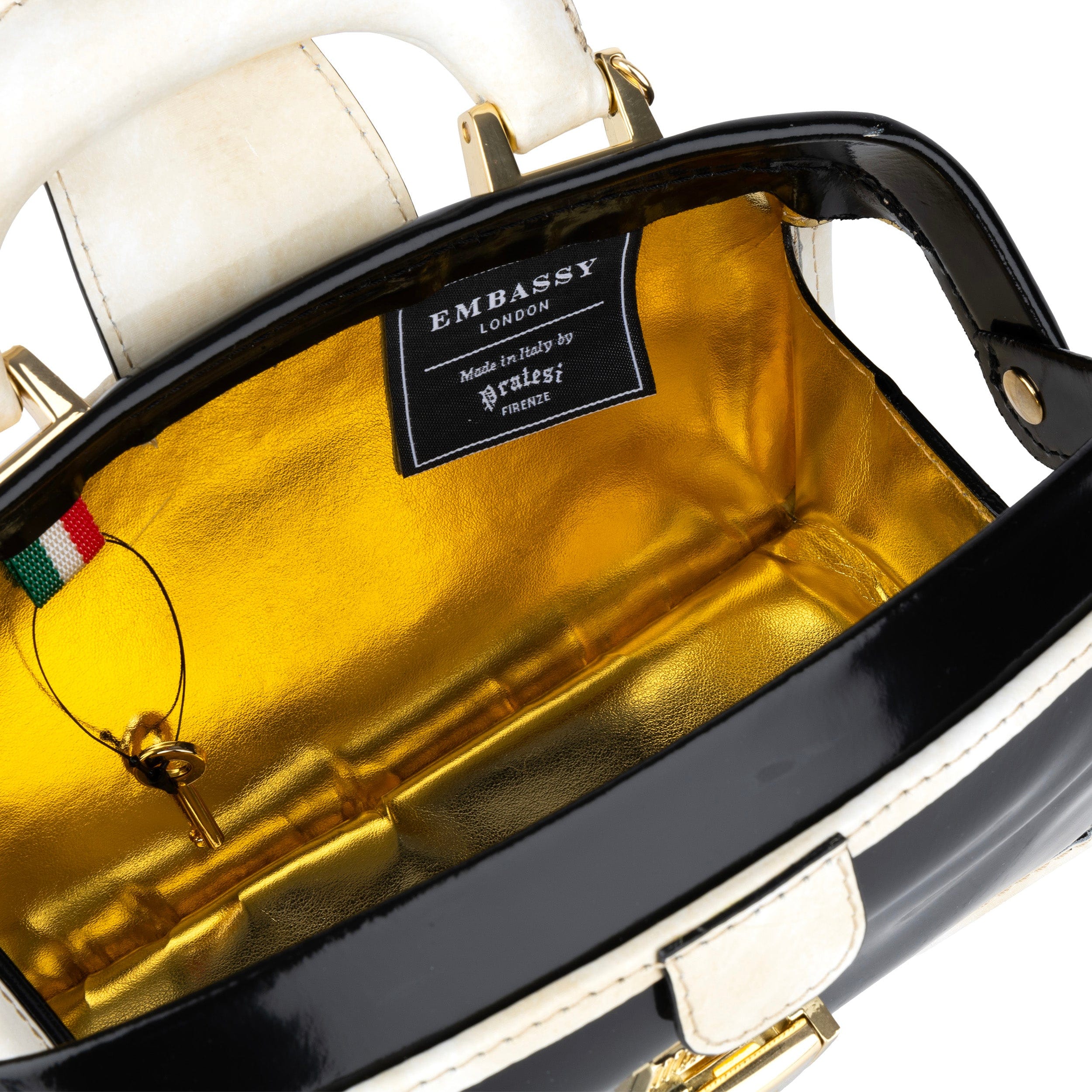 Gazelle Mini - Black & Cream -Women's mini patent clutch bowling bag with handle and strap