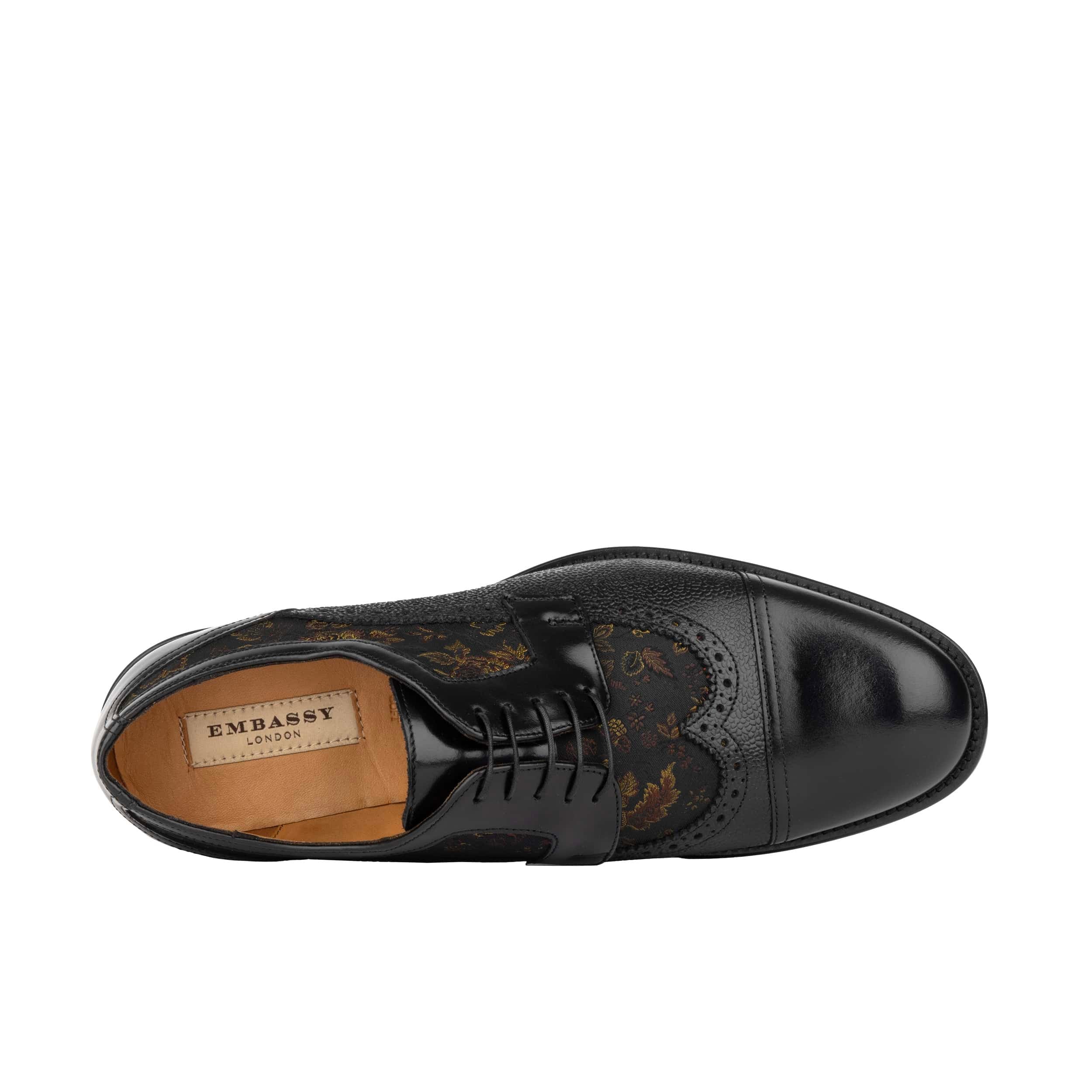 Orlando - Black & Yellow Flowers - Men's toe cap dressy black shoe with flower print leather