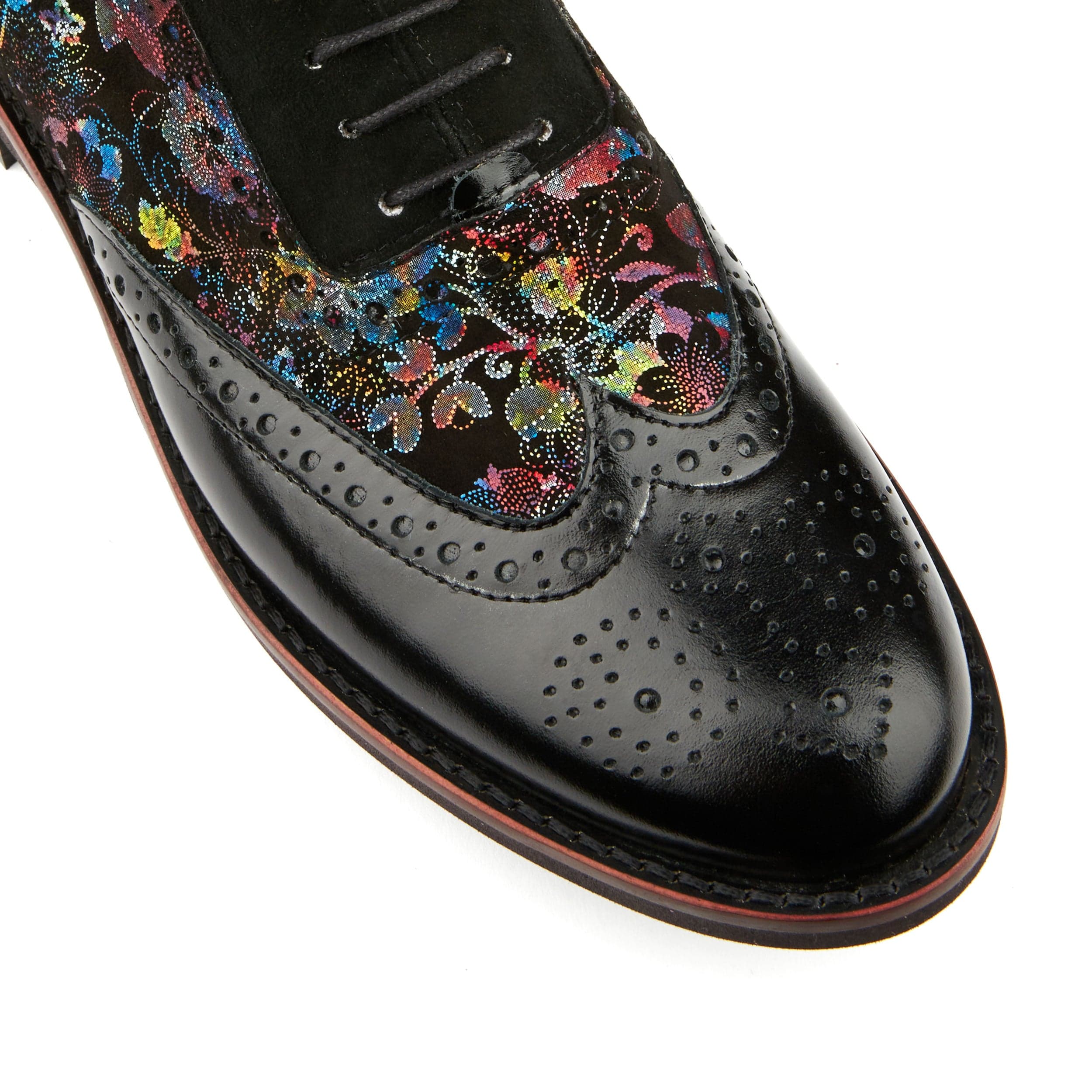 Vivienne - Black Flower - Women's oxford lace-up shoe with brogue details