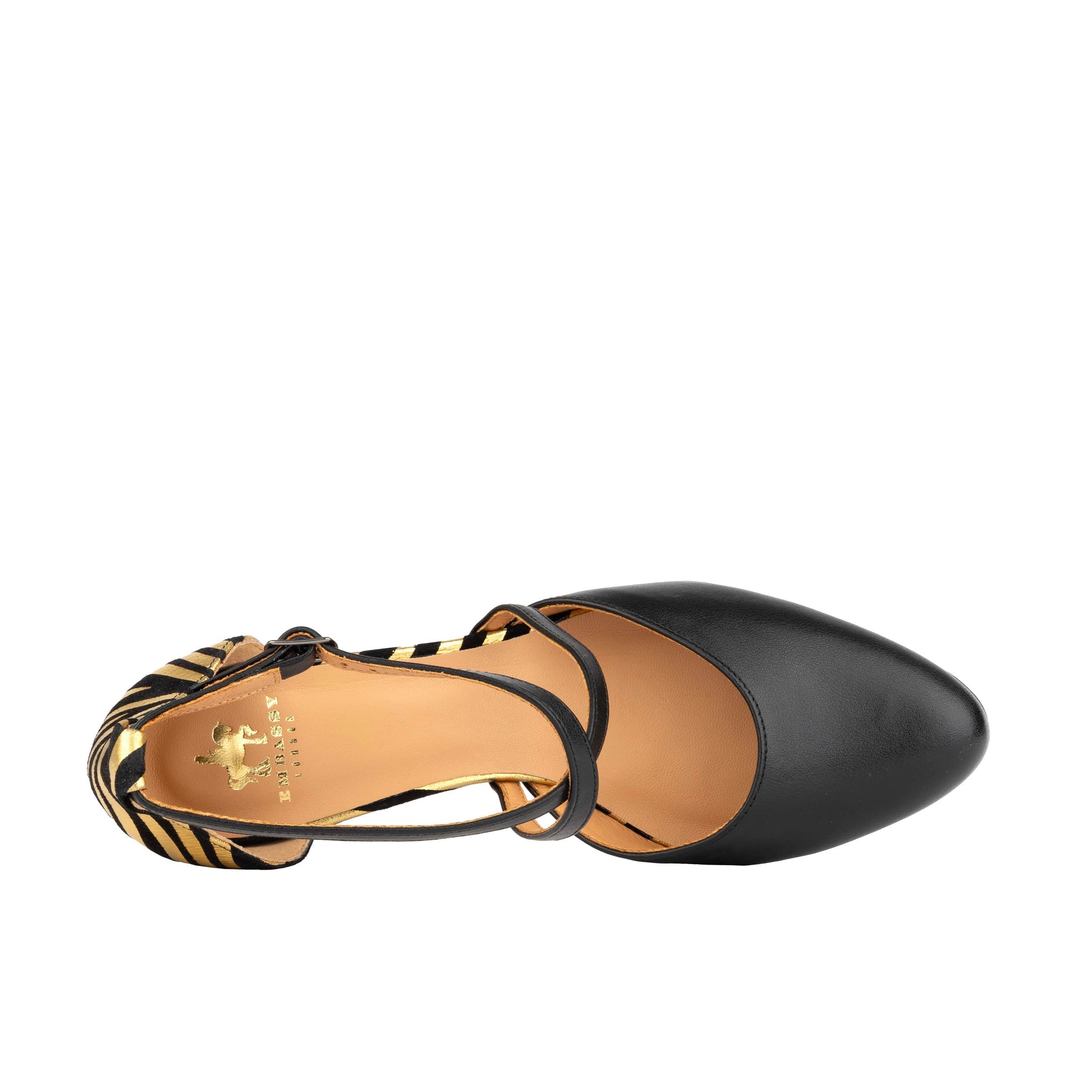 Danni - Black & Gold Stripes - Women's leather closed-toe block heel with gold foil details