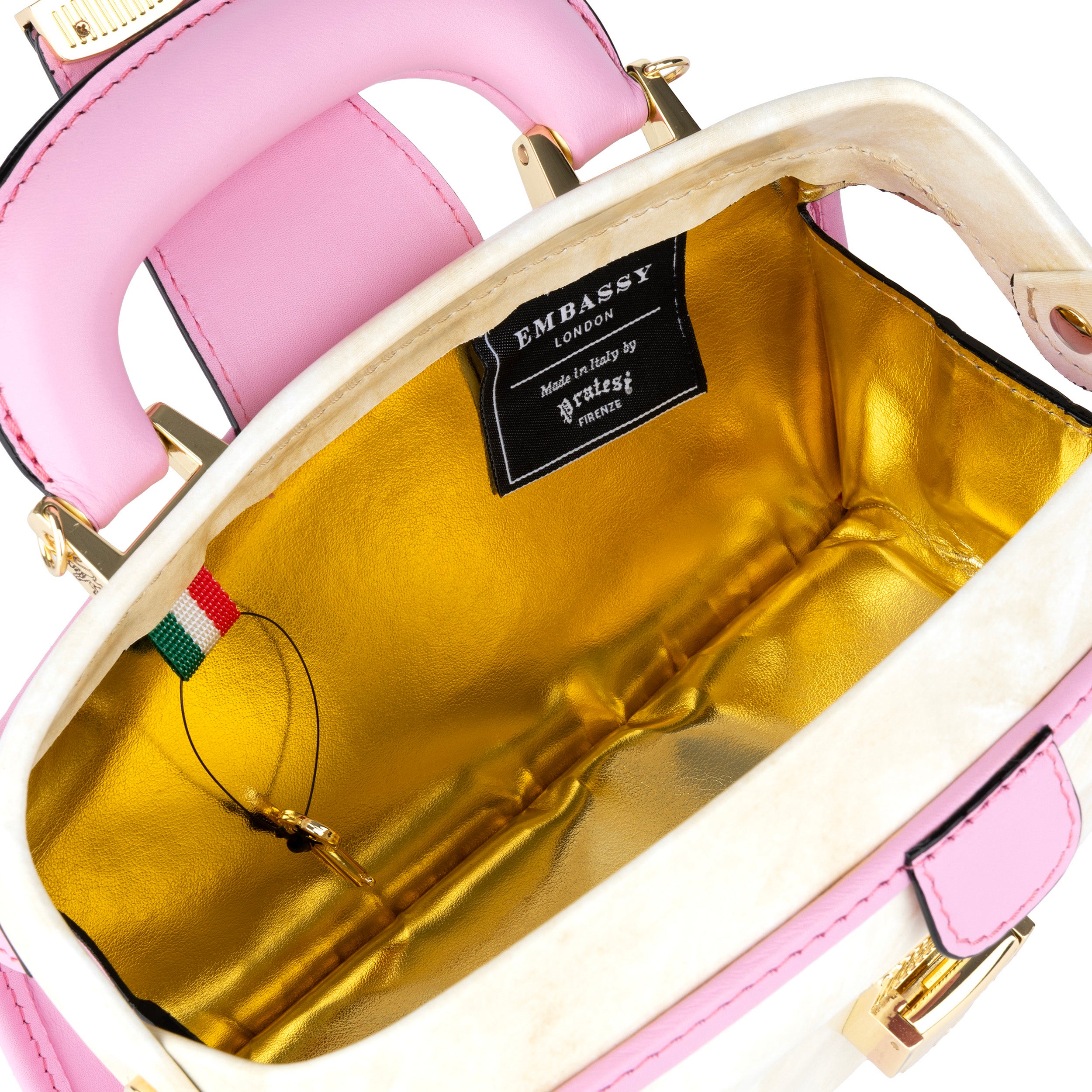 Gazelle Mini - Pink & Cream - Women's mini patent clutch bowling bag with handle and strap