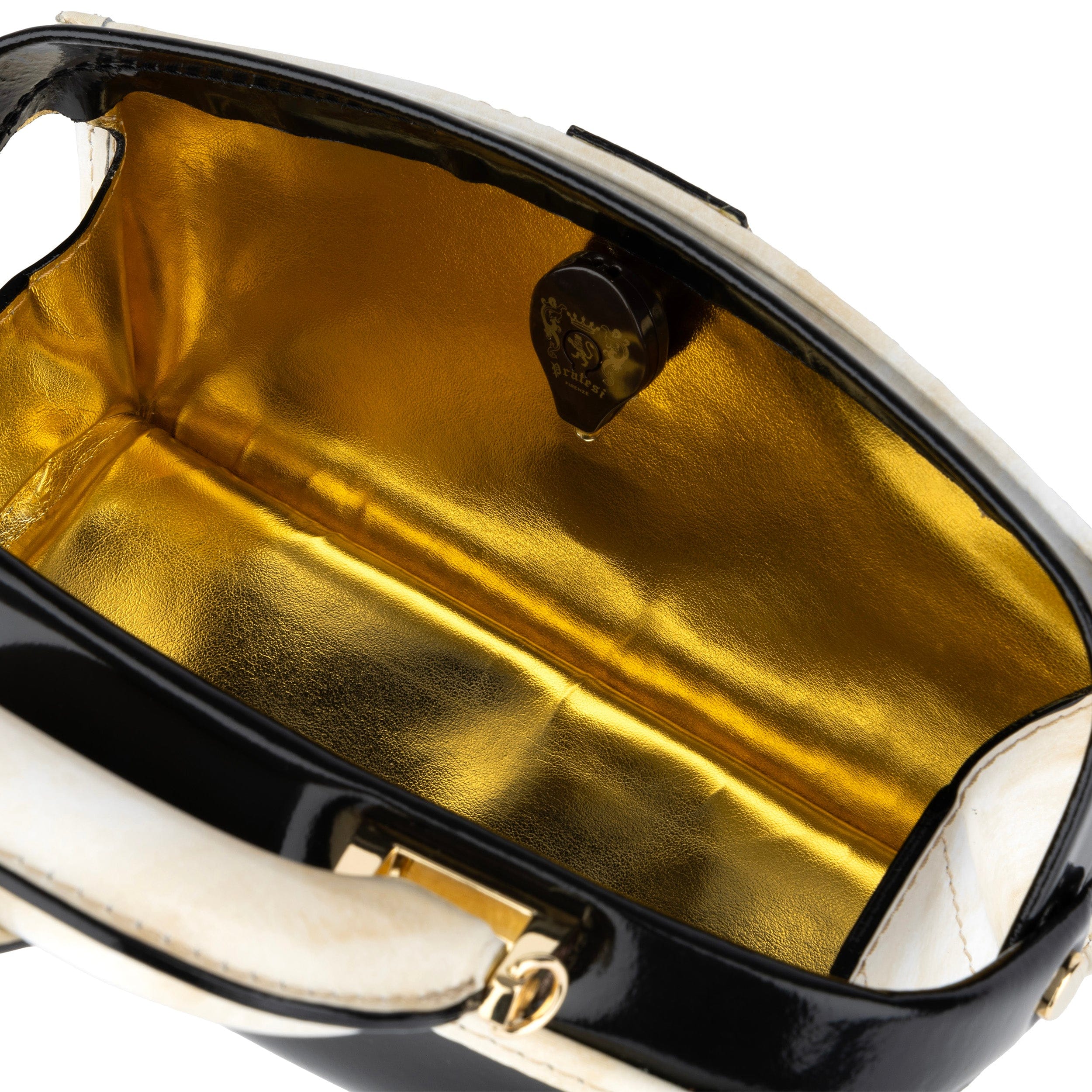 Gazelle Mini - Black & Cream -Women's mini patent clutch bowling bag with handle and strap