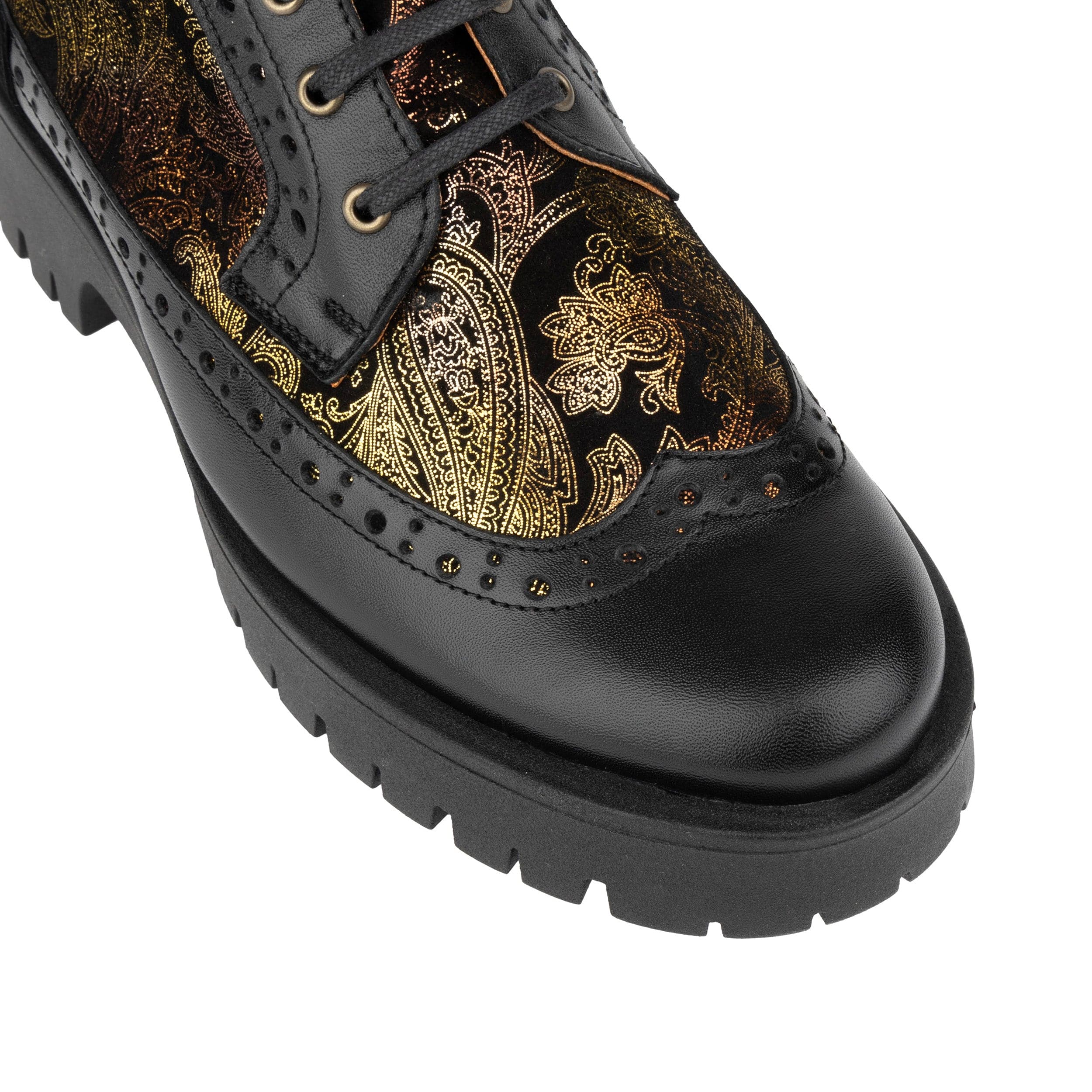 Hatter Platform - Black & Floral - Women's Leather ankle Lace-up Boot with chunky cleated sole