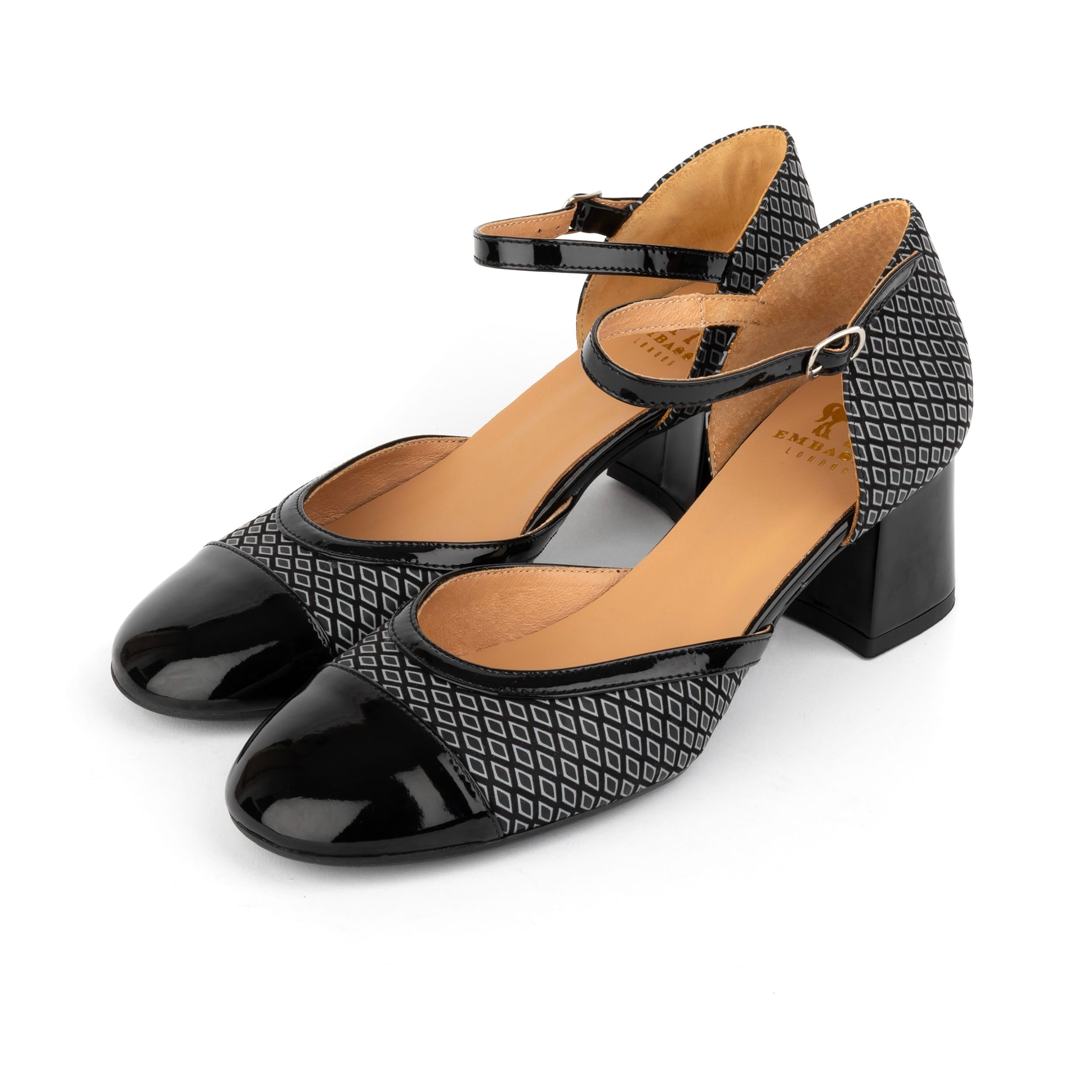 Kemi - Black & Grey Diamonds - Women's Leather Almond-Toe Block Heel