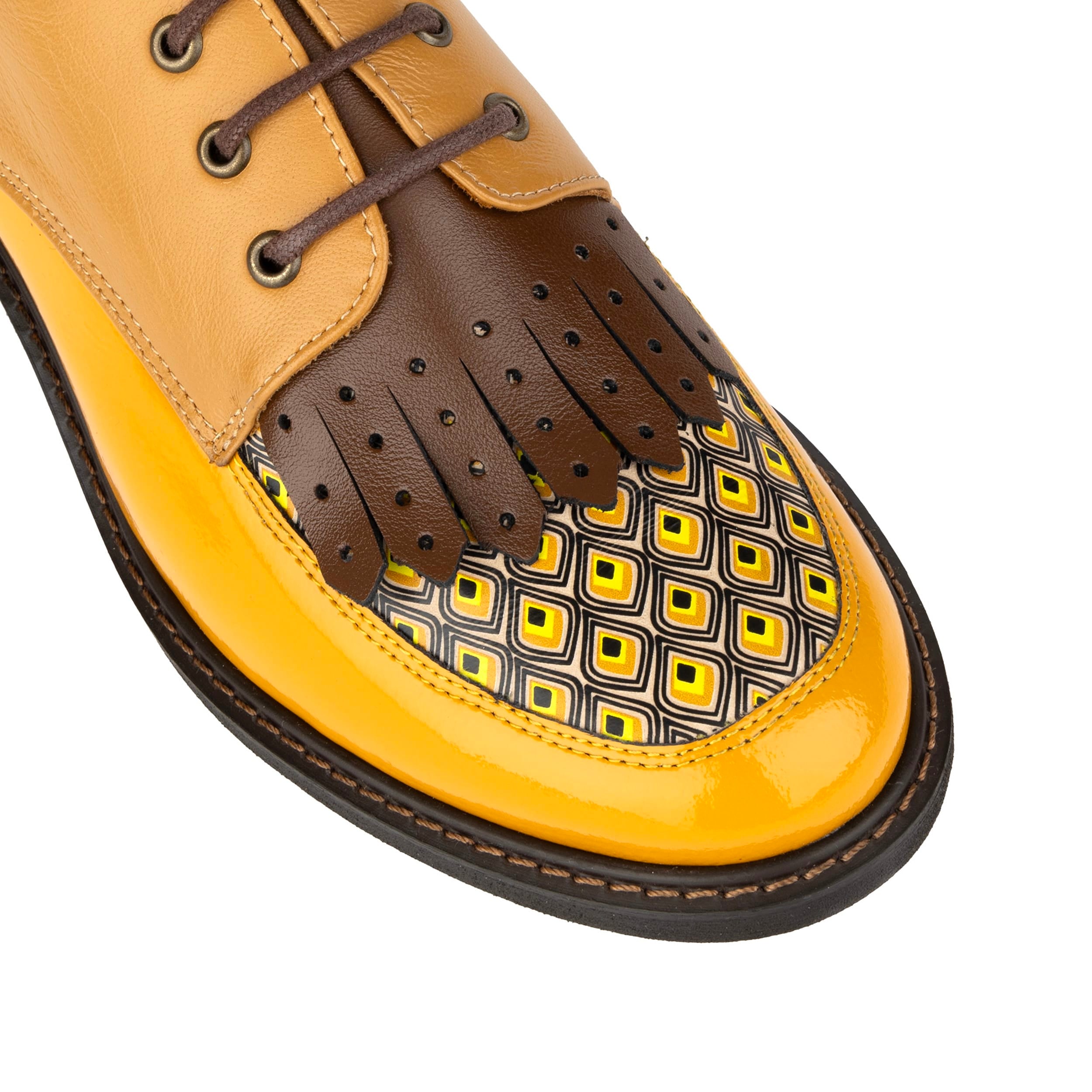 Retro Tone - Yellow & Brown - Women's leather lace-up with signature kiltie detail