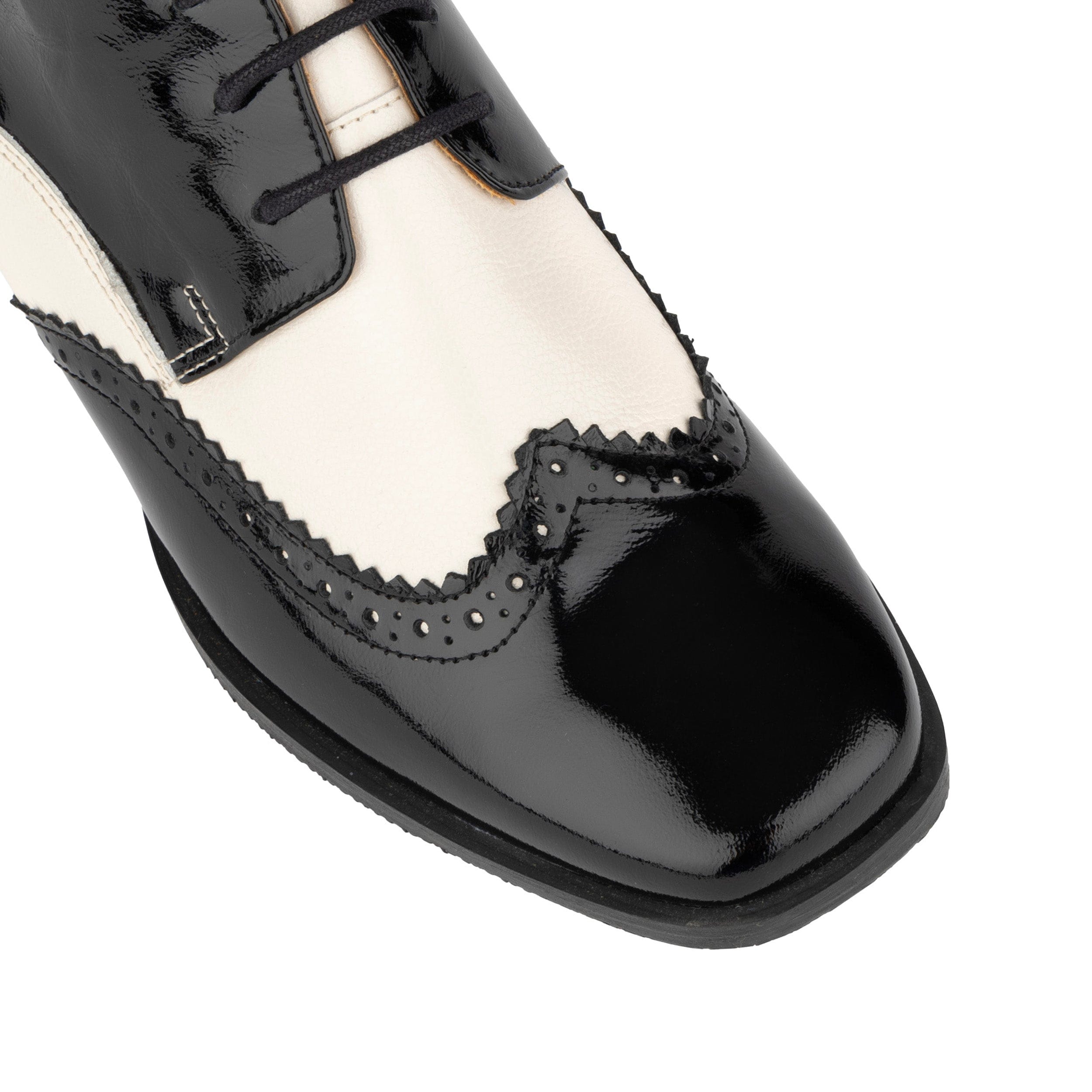 Ziggy - Black & White - Women’s Patent Leather lace-up Brogue Heel