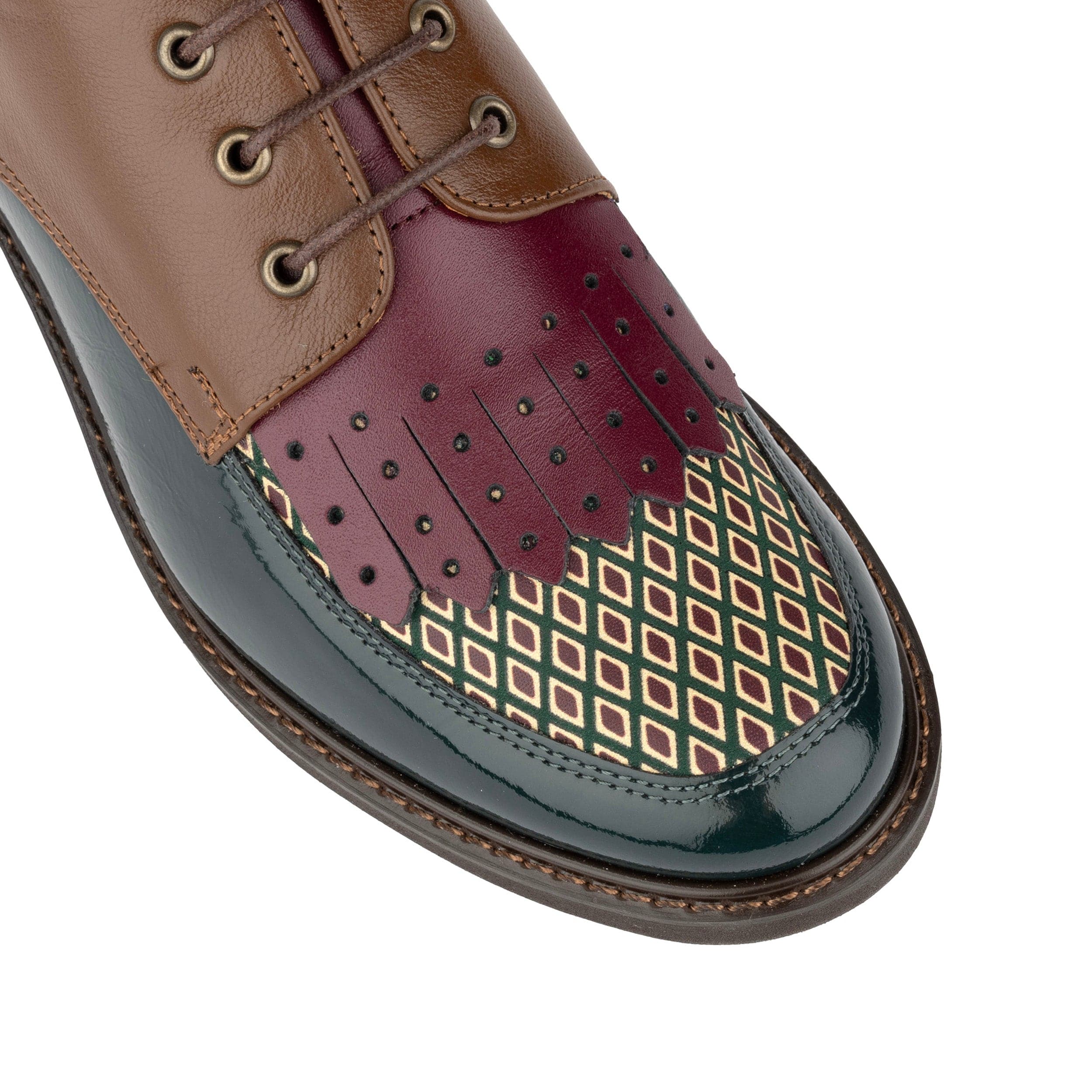 Retro Tone - Green & Brown & Purple - Women's Colour-block leather lace-up with signature kiltie detail