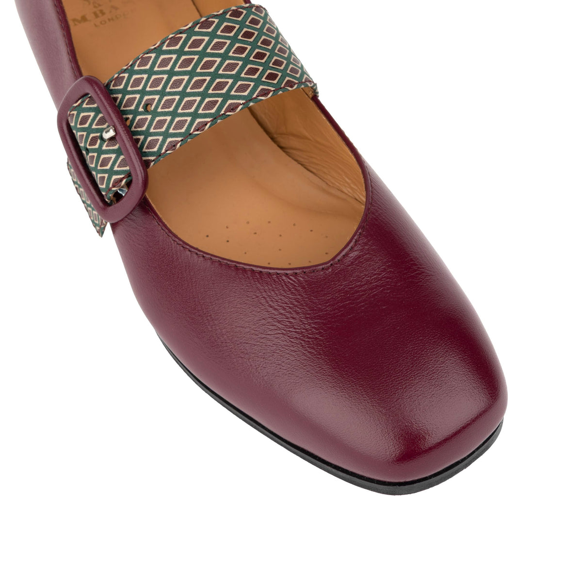 Bliss - Burgundy & Green Diamond - Women's block heel square toe patent leather Mary-Jane