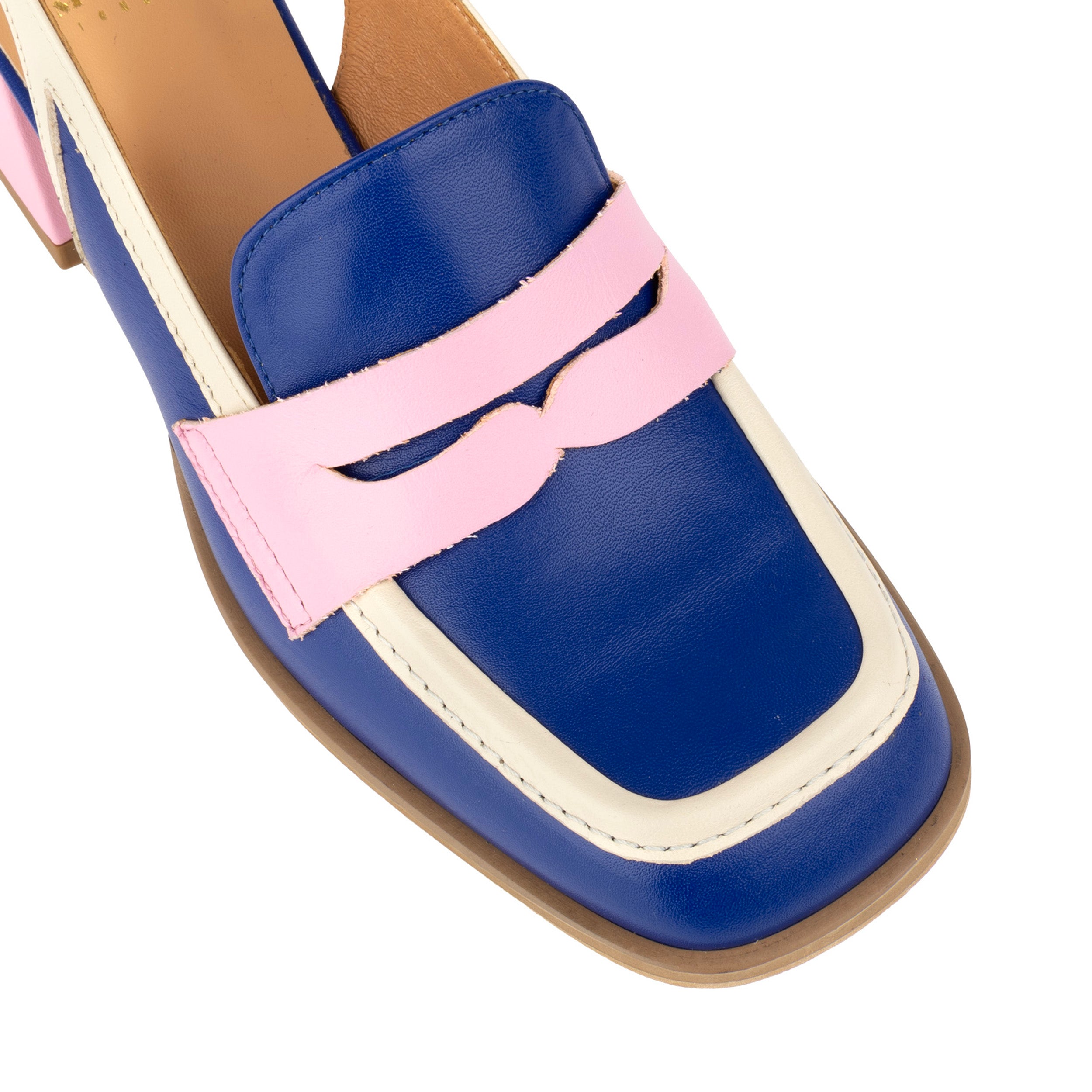 Diana - Blue & Cream & Pink - Women's block heel slingback leather pump