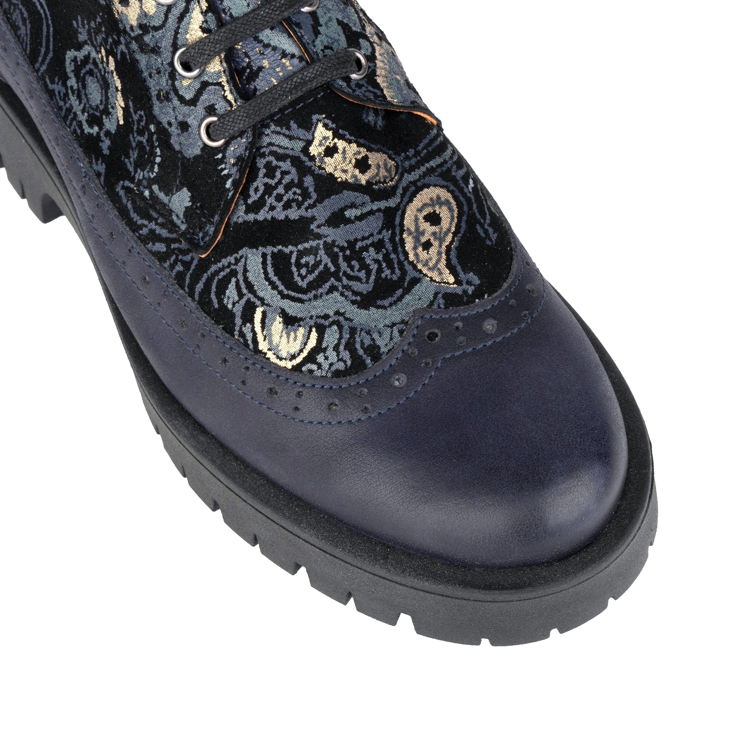 Hatter Platform - Matt Blue & Grey & Gold - Women's Leather ankle Lace-up Boot with chunky cleated sole