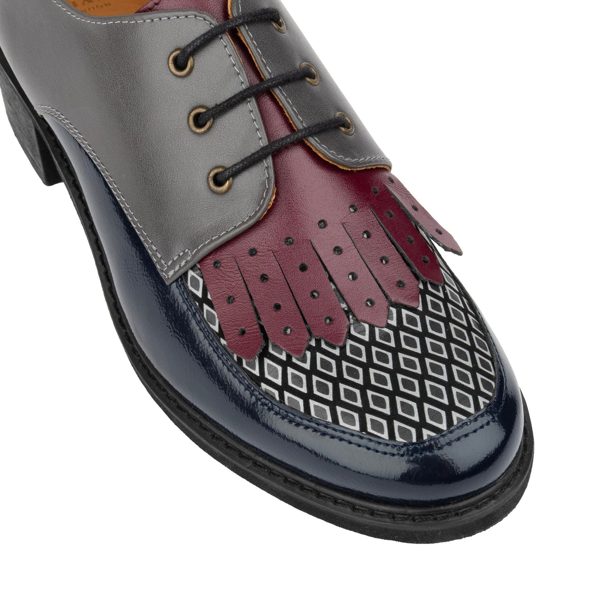 Retro Tone - Burgundy & Navy & Grey - Women's leather lace-up with signature kiltie detail
