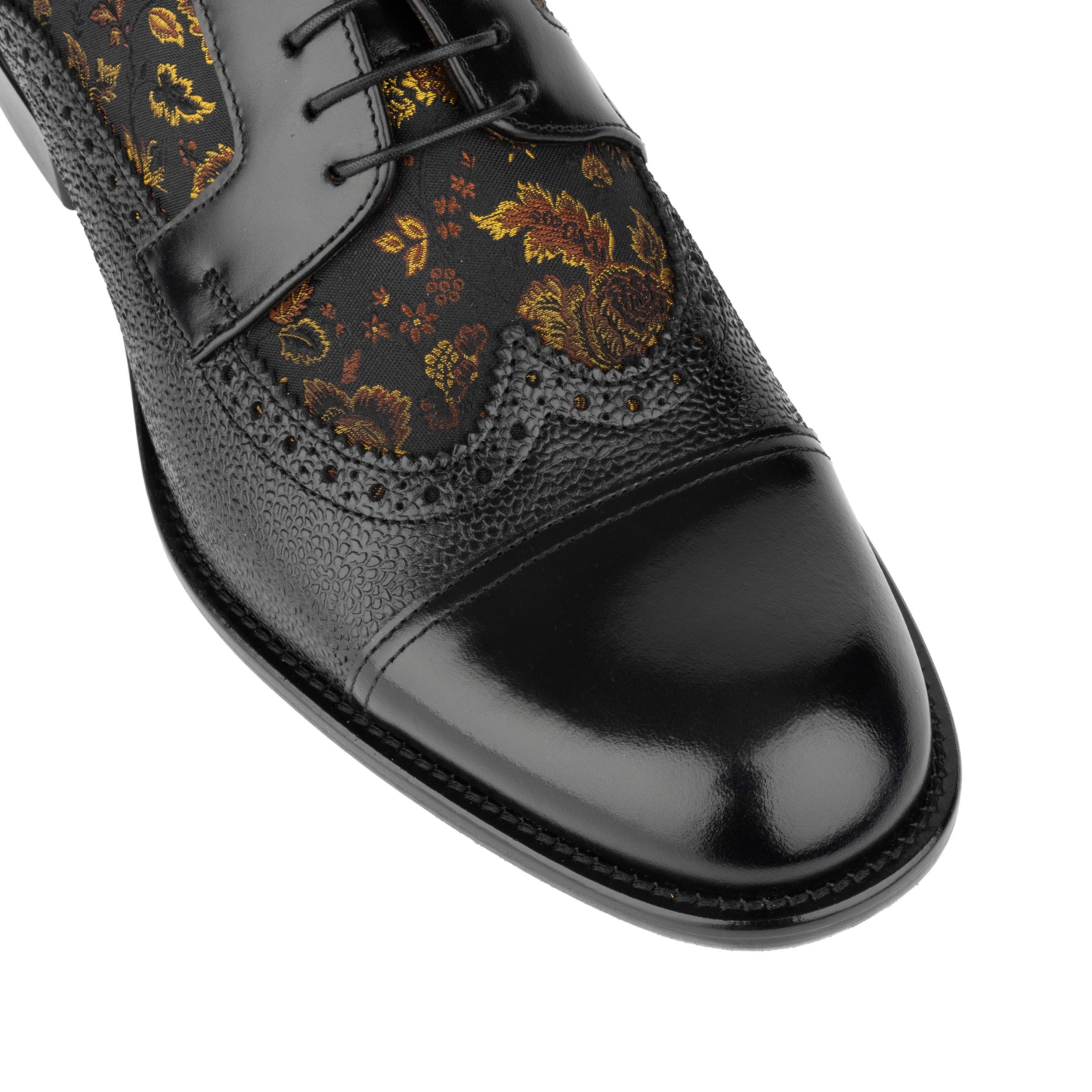 Orlando - Black & Yellow Flowers - Men's toe cap dressy black shoe with flower print leather