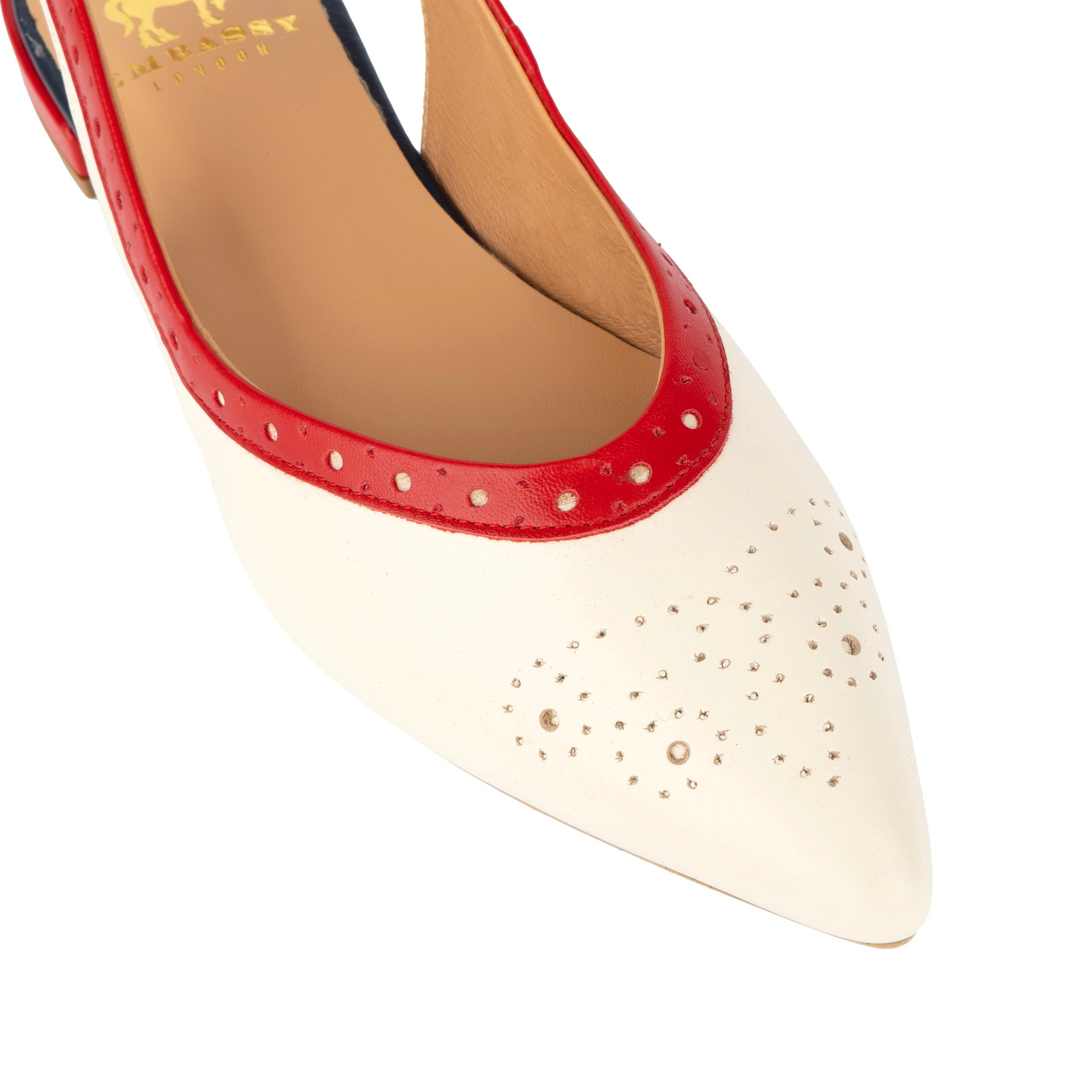 Holly Brogue - Cream & Red & Blue - Women's Leather Flat Slingback