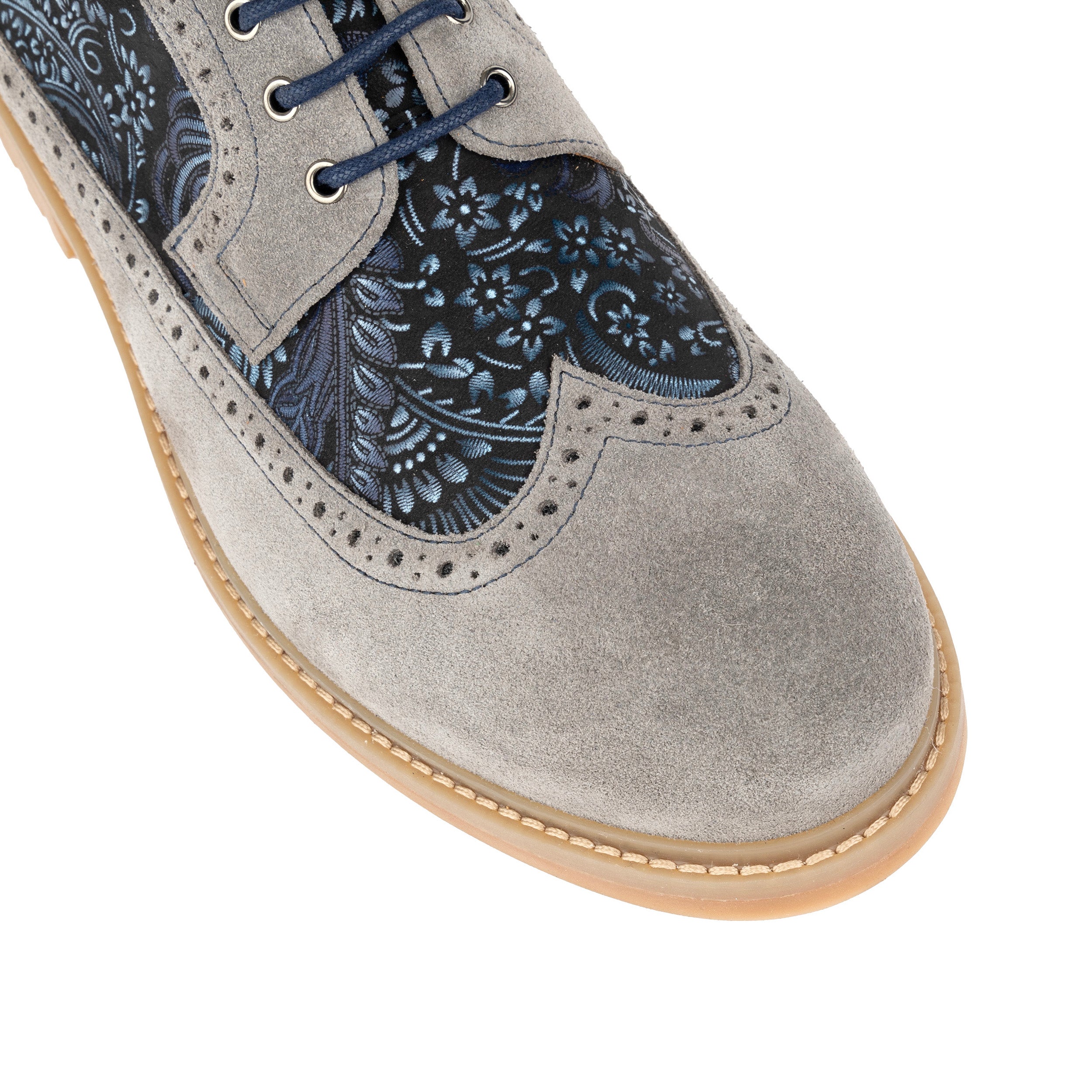 Cyclone - Grey, Blue & Silver Paisley - Men's Chunky Sole Leather & Suede Shoe with Paisley Print