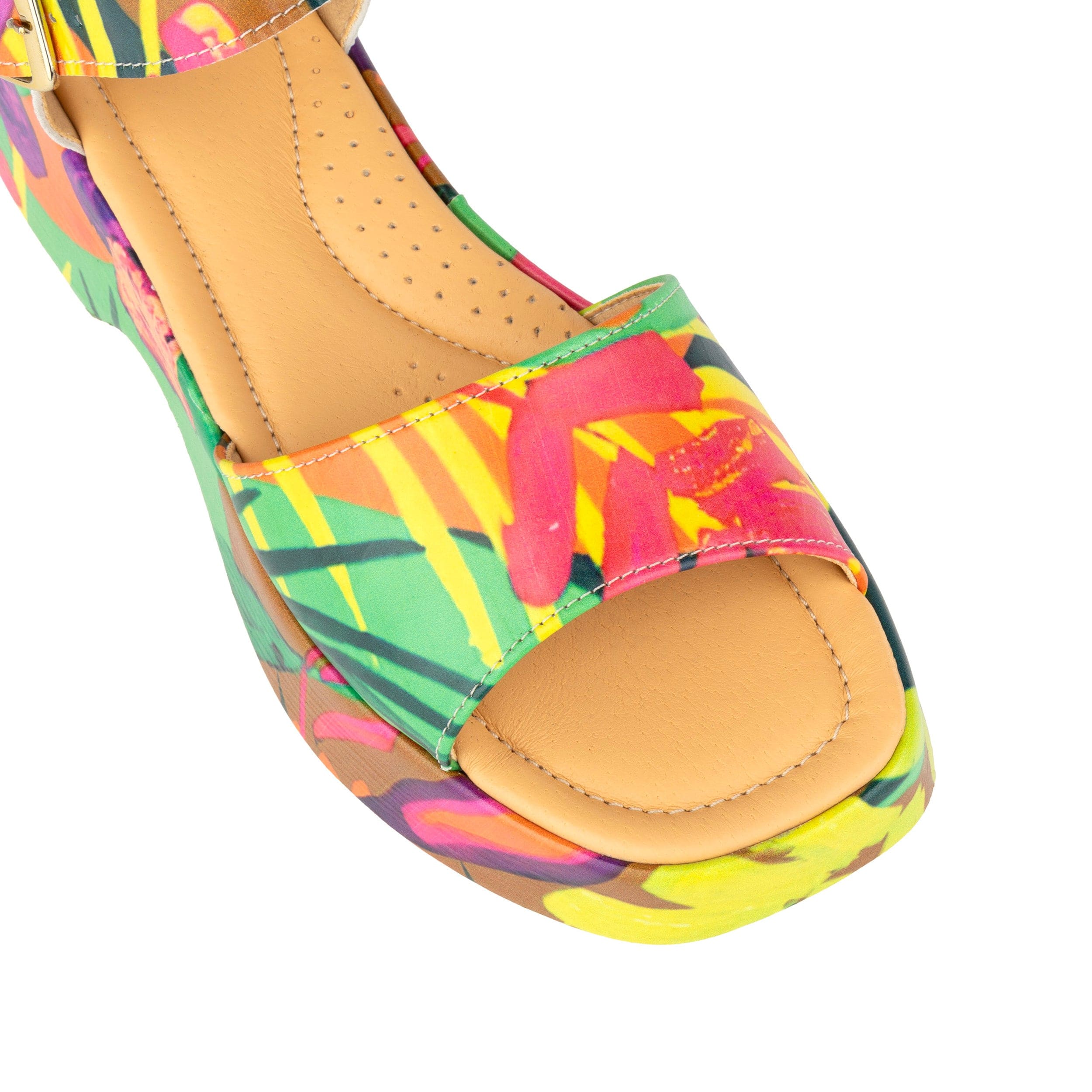Palm Rise - Tropical - Plaform leather sandal in tropical print with soft leather footbed.