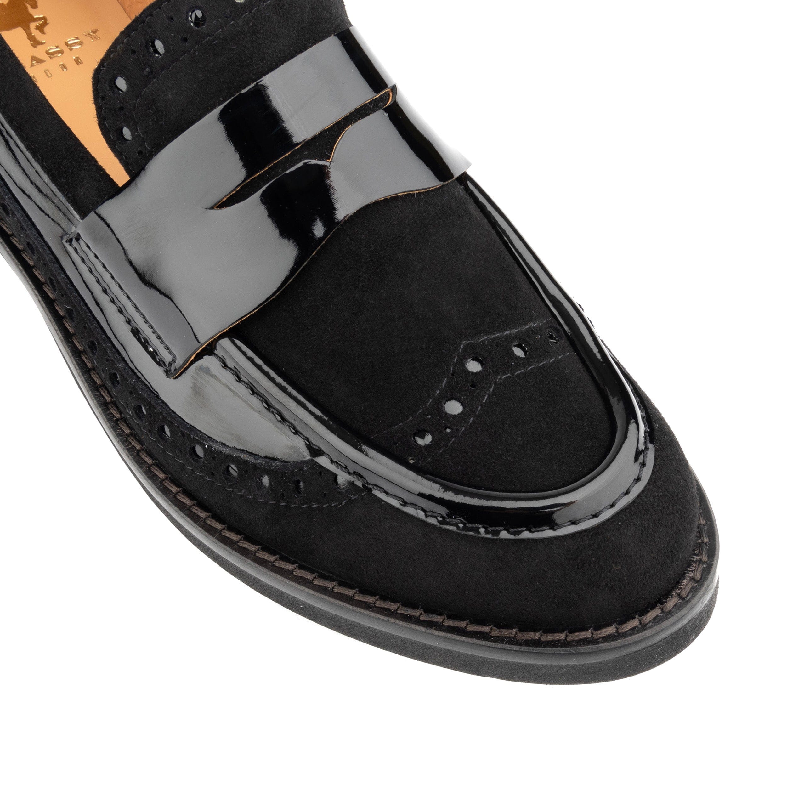 Angelina - Black - Women's leather almond toe penny loafer with broguing