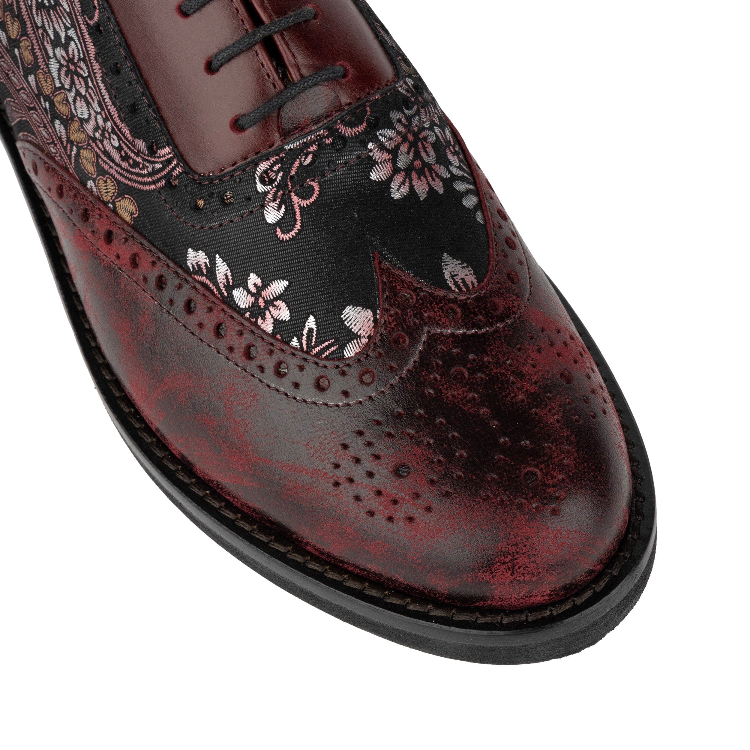 Vivienne - Floral & Burgundy - Women's oxford lace-up shoe with brogue details