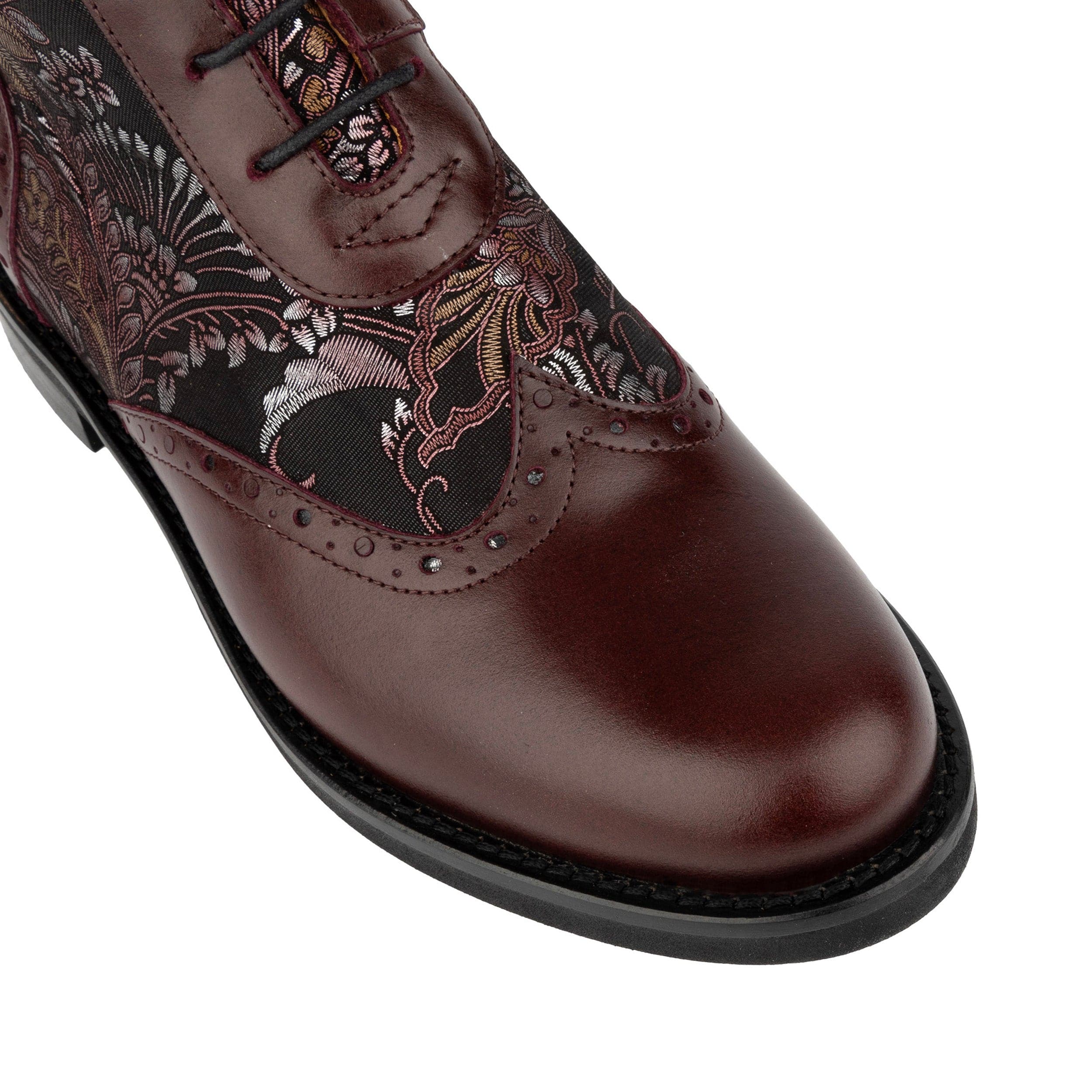Mantis - Floral & Burgundy - Women's above-the-ankle lace-up boot with brogue & paisley detailing