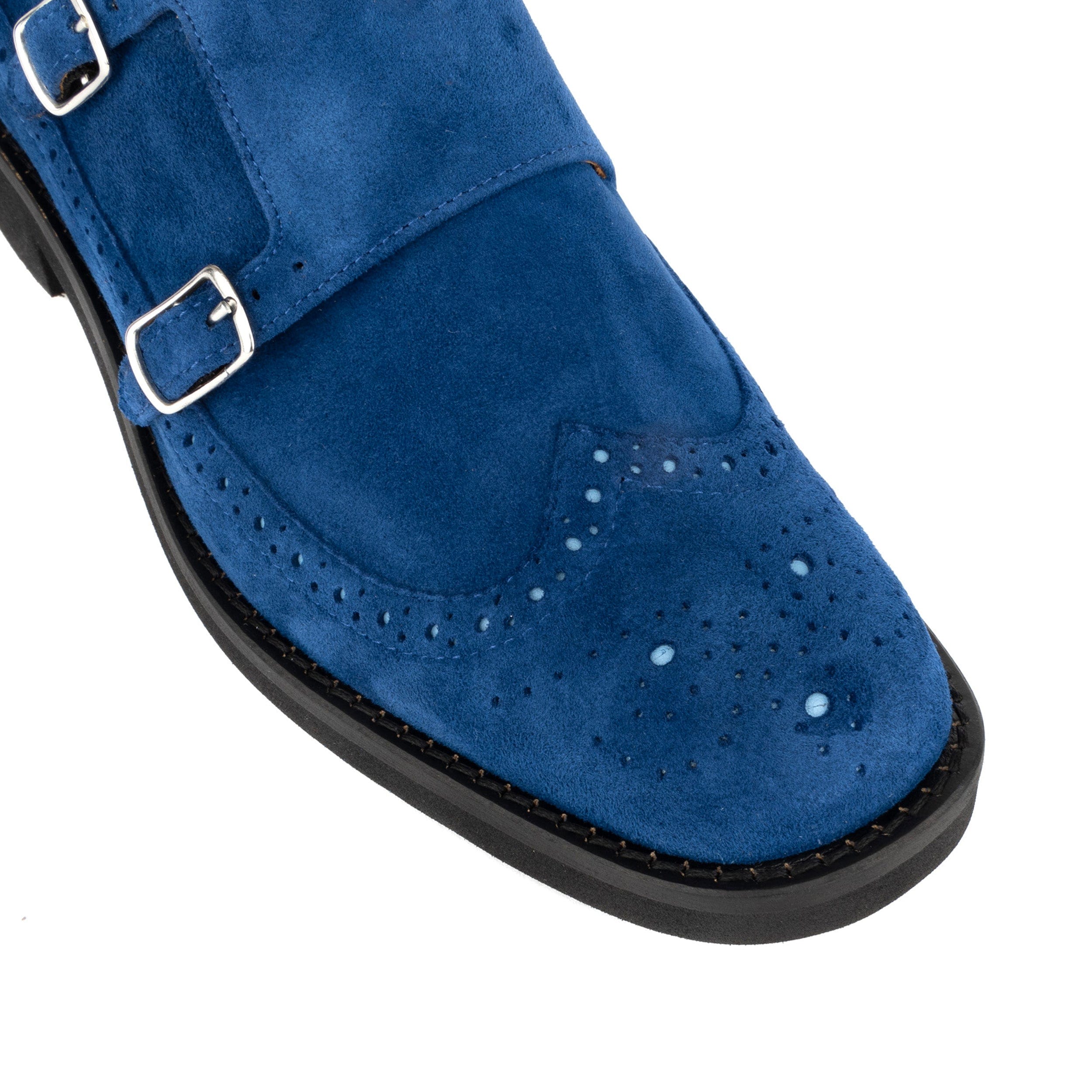 Windsor - Blue - Women's blue suede leather monk shoe with brogue detailing