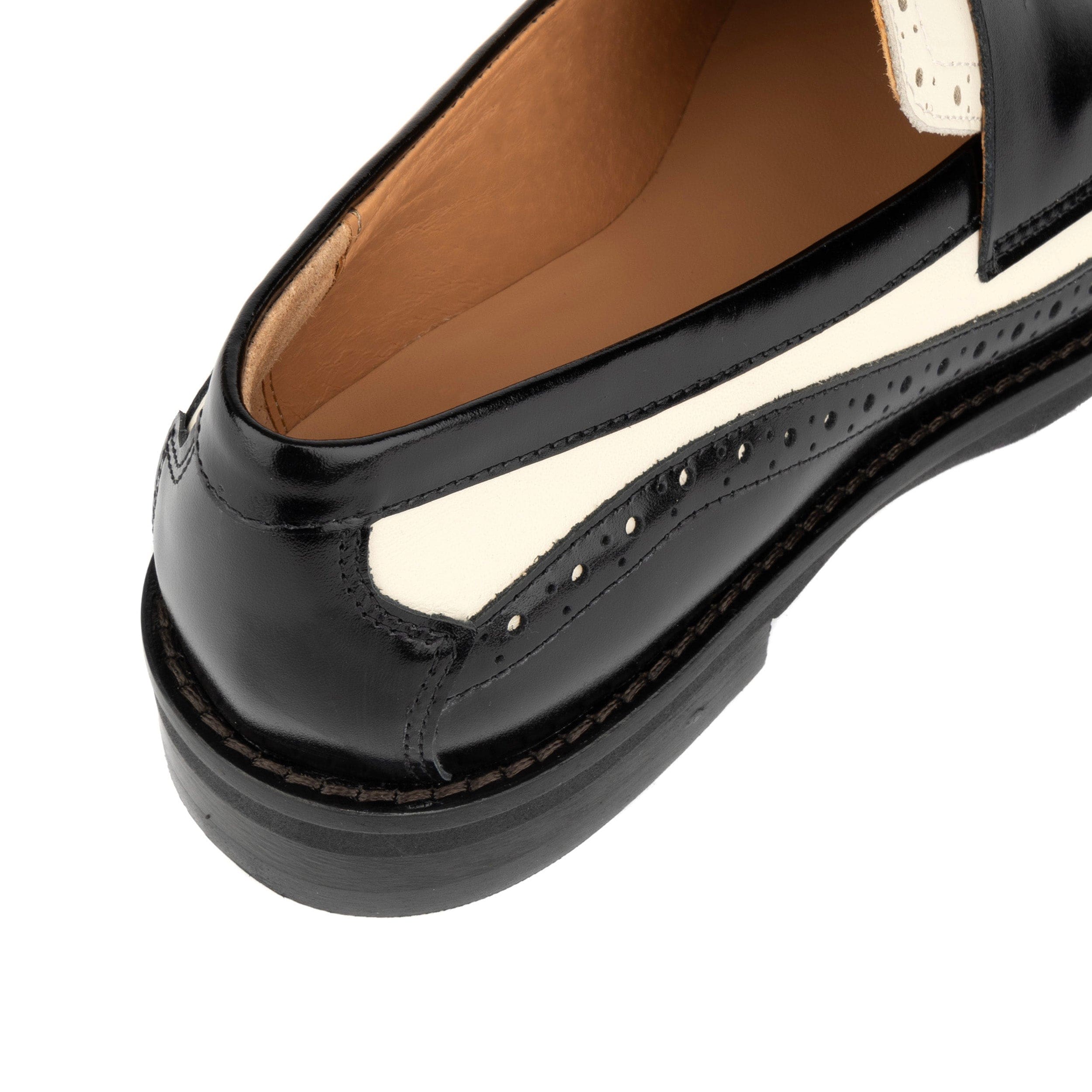Angelina - Black & Cream - Women's leather almond toe penny loafer with broguing