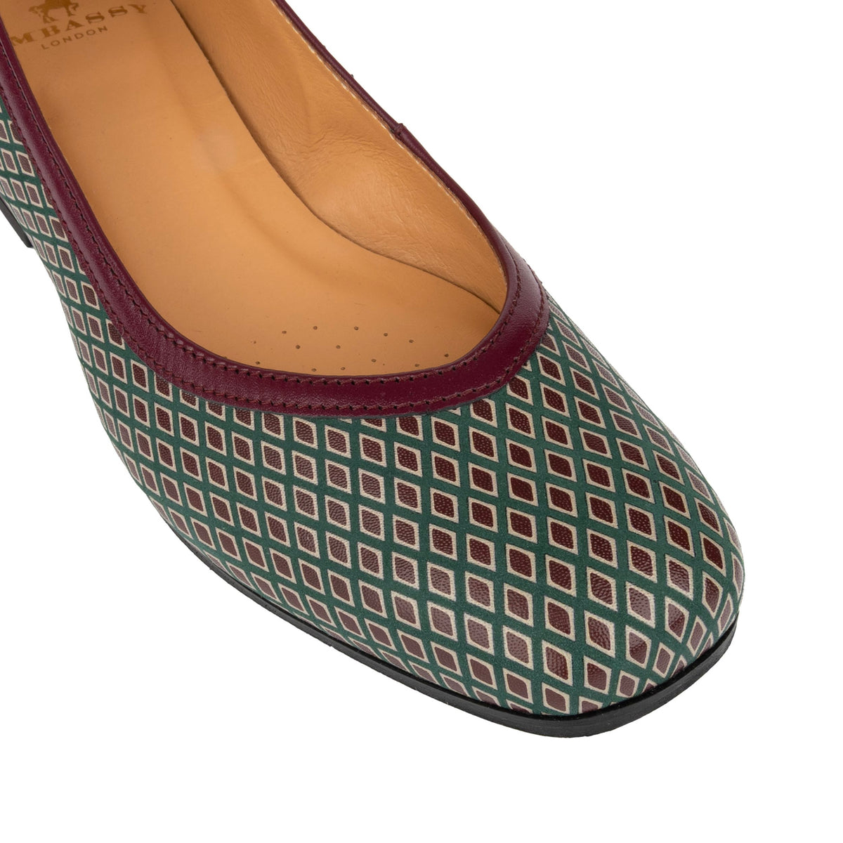 Nirvana - Burgundy & Green Diamond - Womens leather block heel ballerina pumps