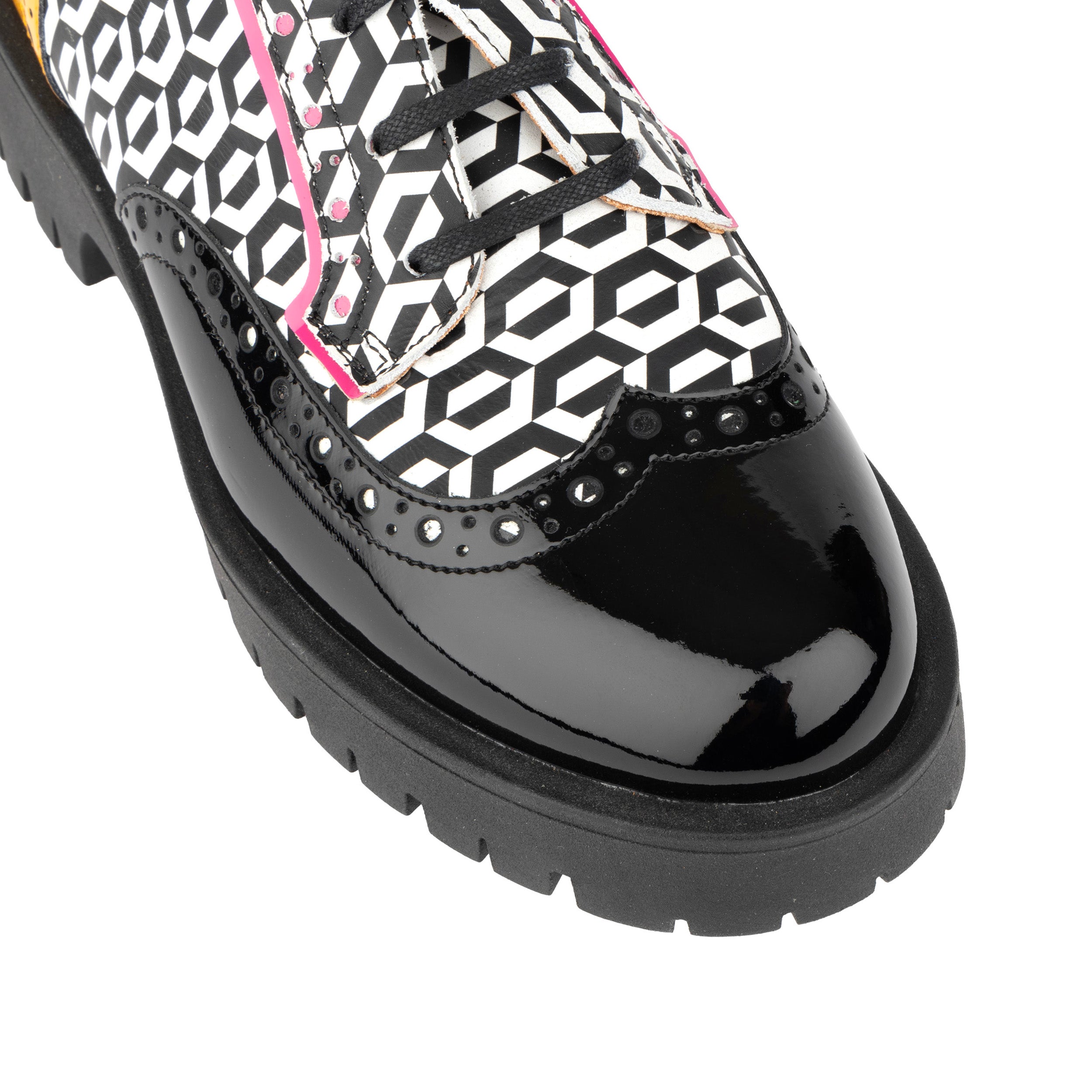Artisan - Black & Yellow Hexa - Women's Leather Lace-up Shoe with Brogue Detailing