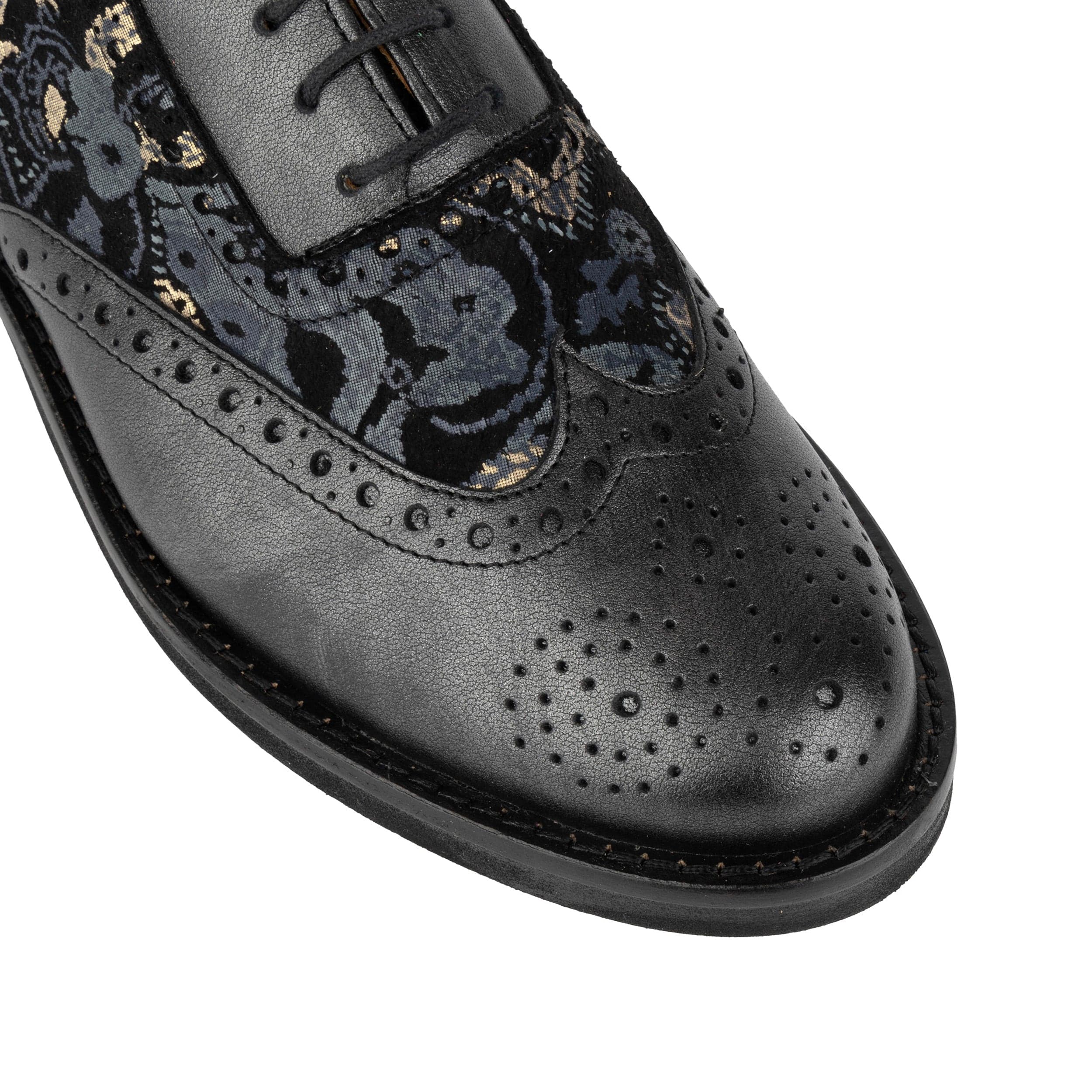 Vivienne - Black & Grey & Gold - Women's oxford lace-up shoe with brogue details