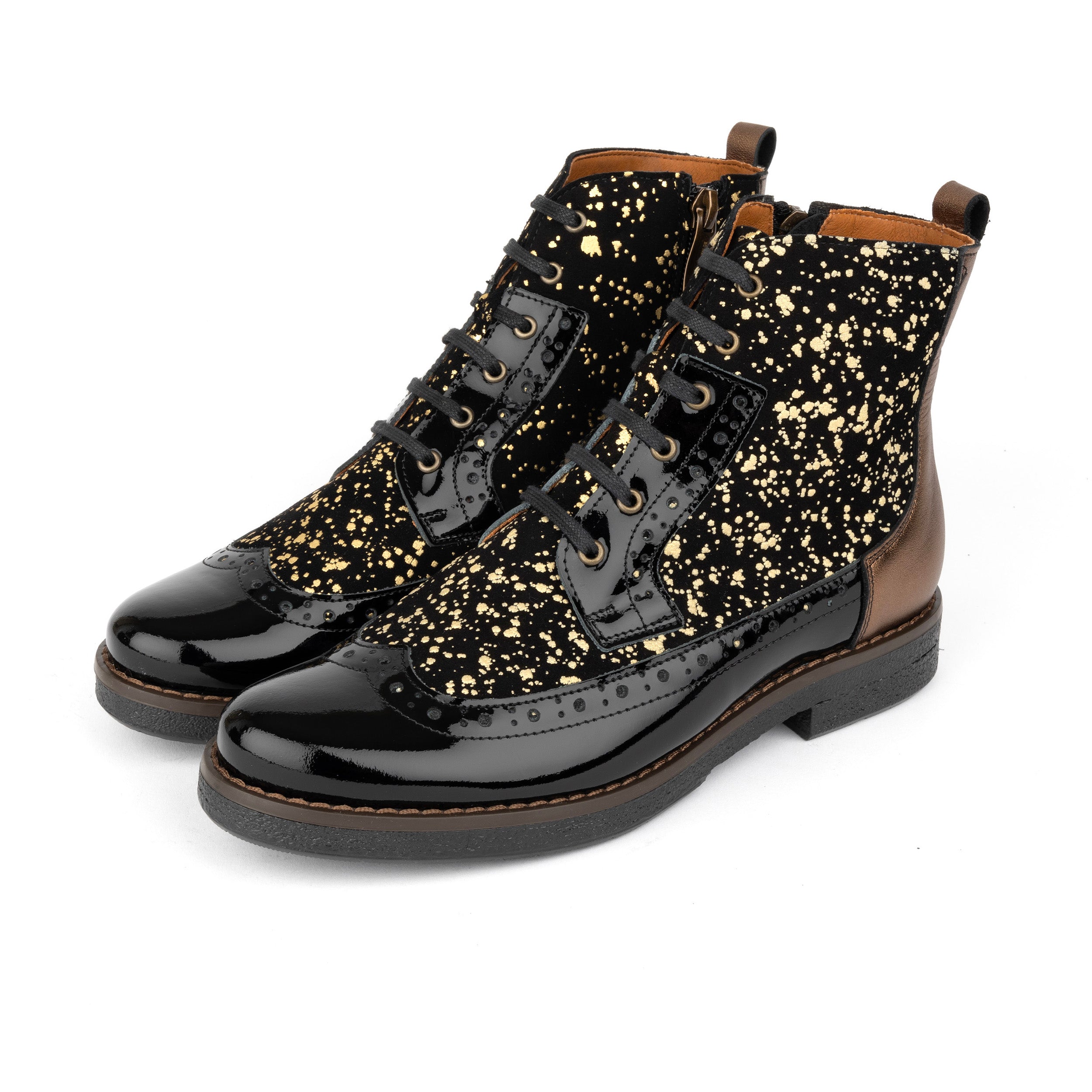 Hatter - Gold Drops - Women's ankle boot in golden paint drops on black leather