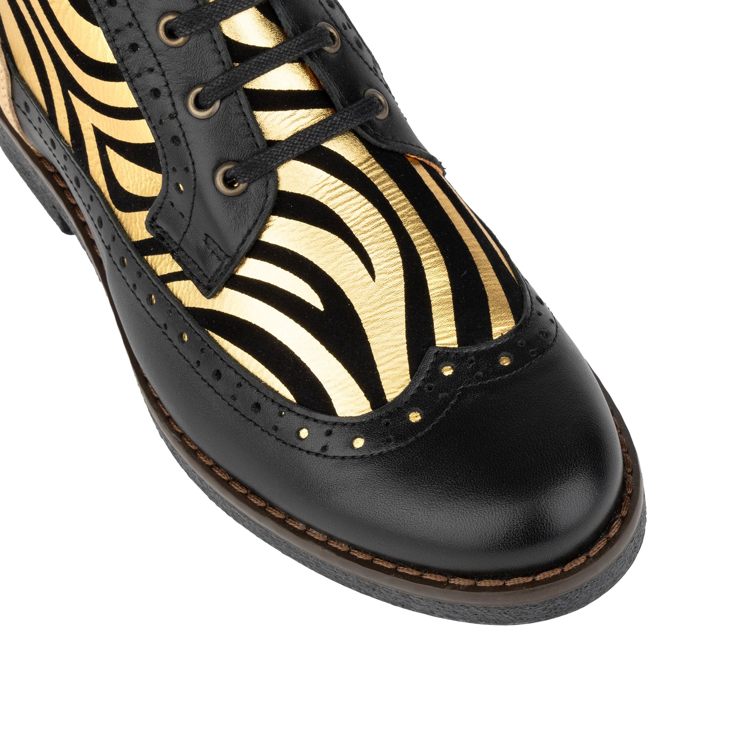 Hatter - Black & Gold Stripes - Women's Leather Ankle Lace-up Boot with gold foil zebra stripes