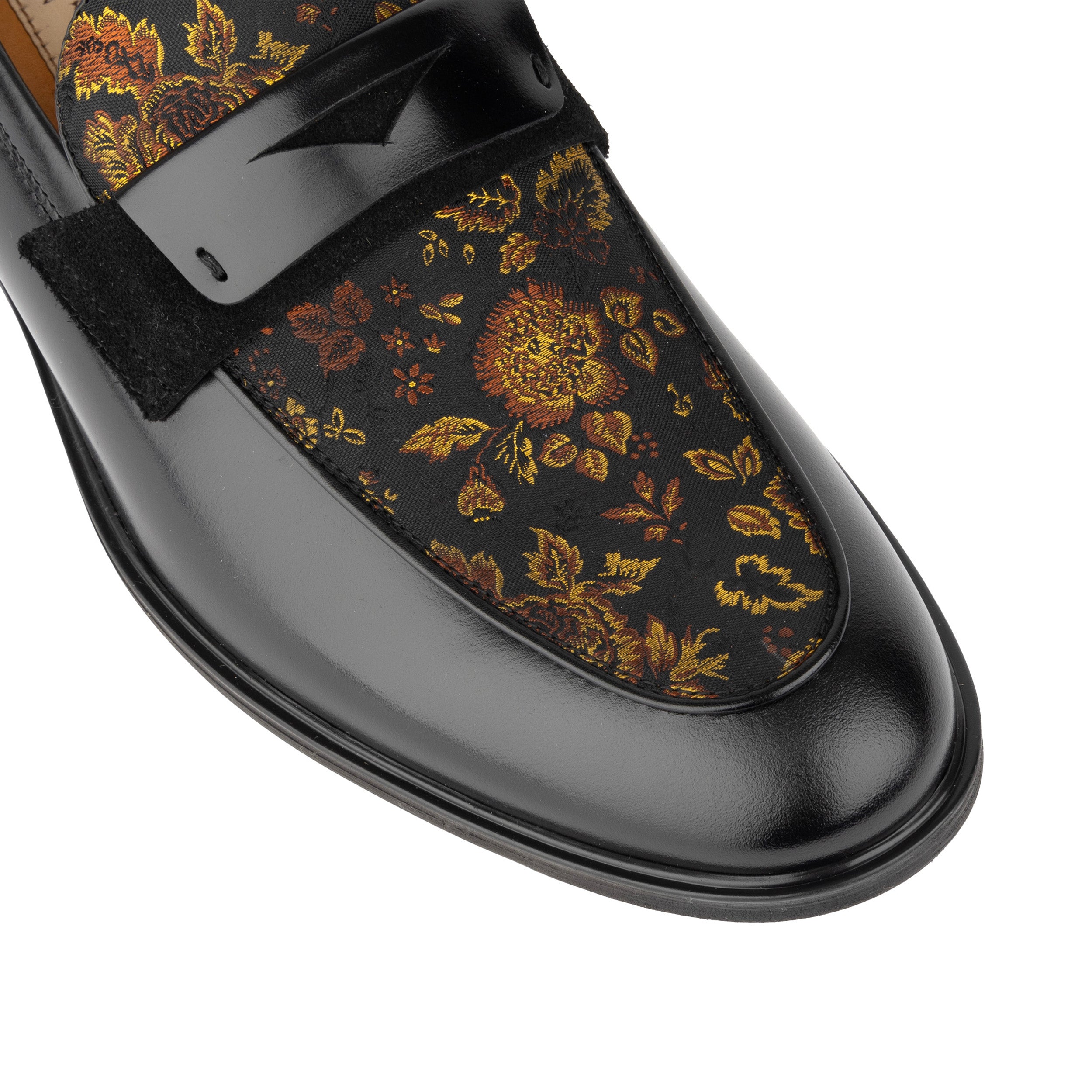 Gosselin - Black & Yellow Flowers - Men's leather loafer with jaquard details