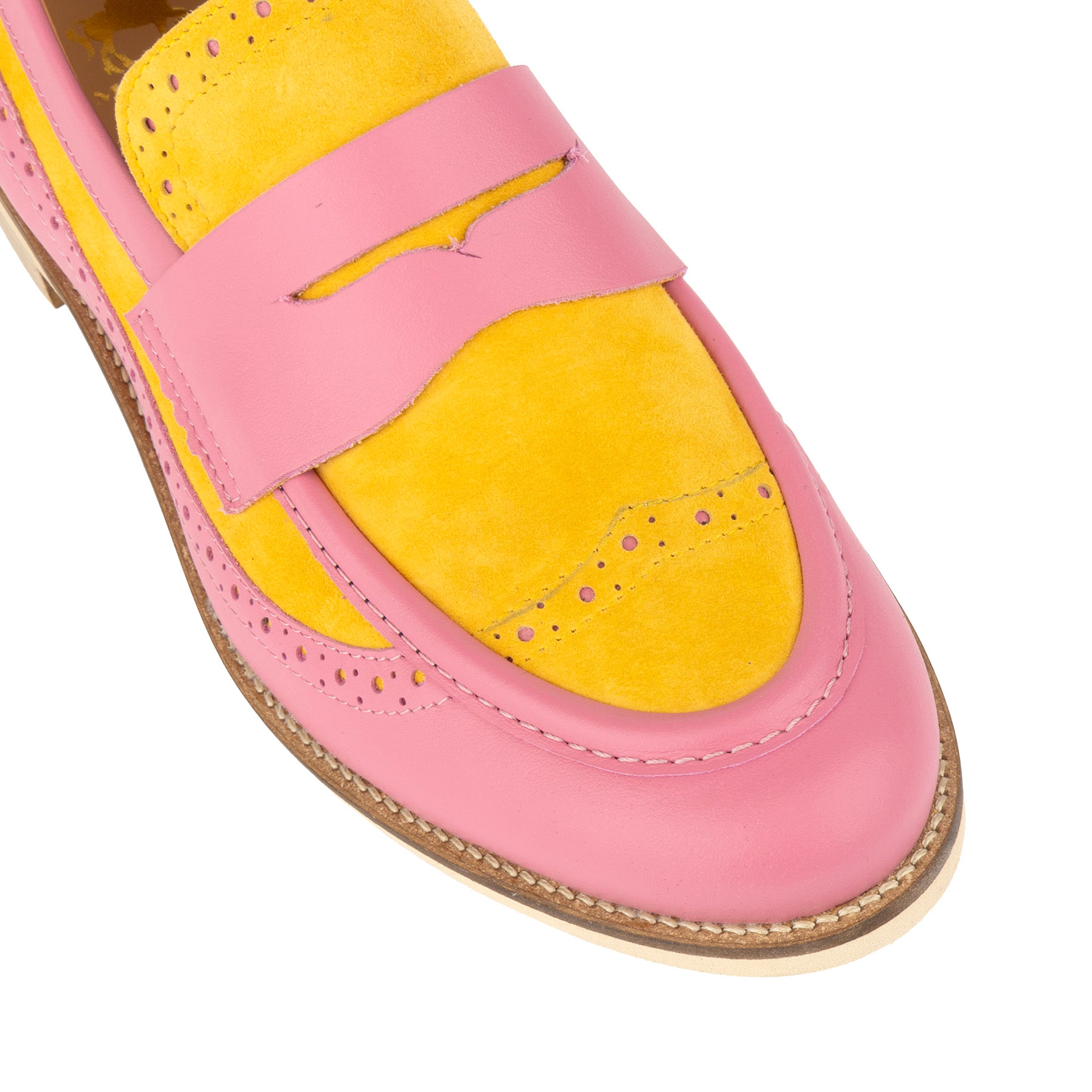 Angelina - Pink & Yellow - Women's Leather Almond Toe Penny Loafer with Broguing