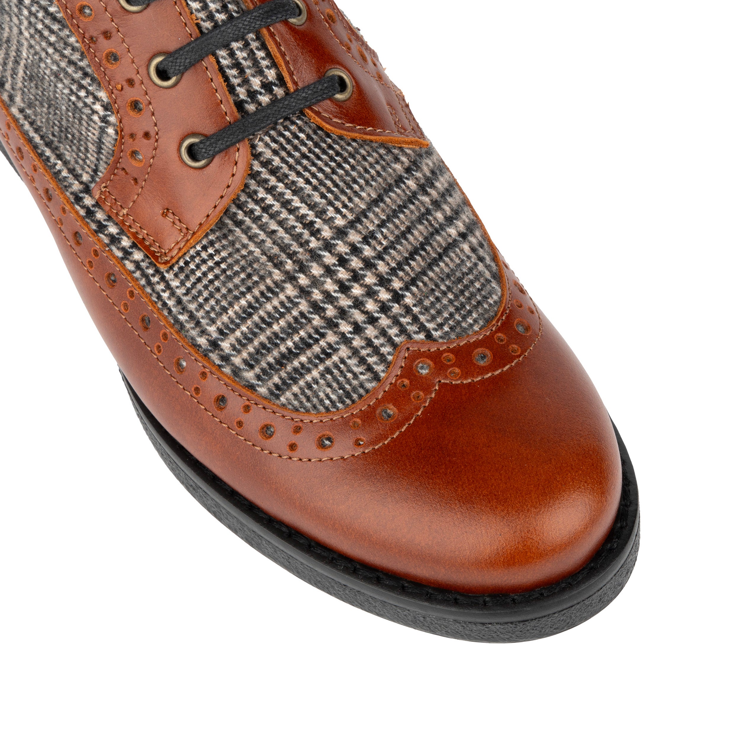Hatter - Brown & Brown Check - Women's Leather Ankle Lace-up Boot with check details