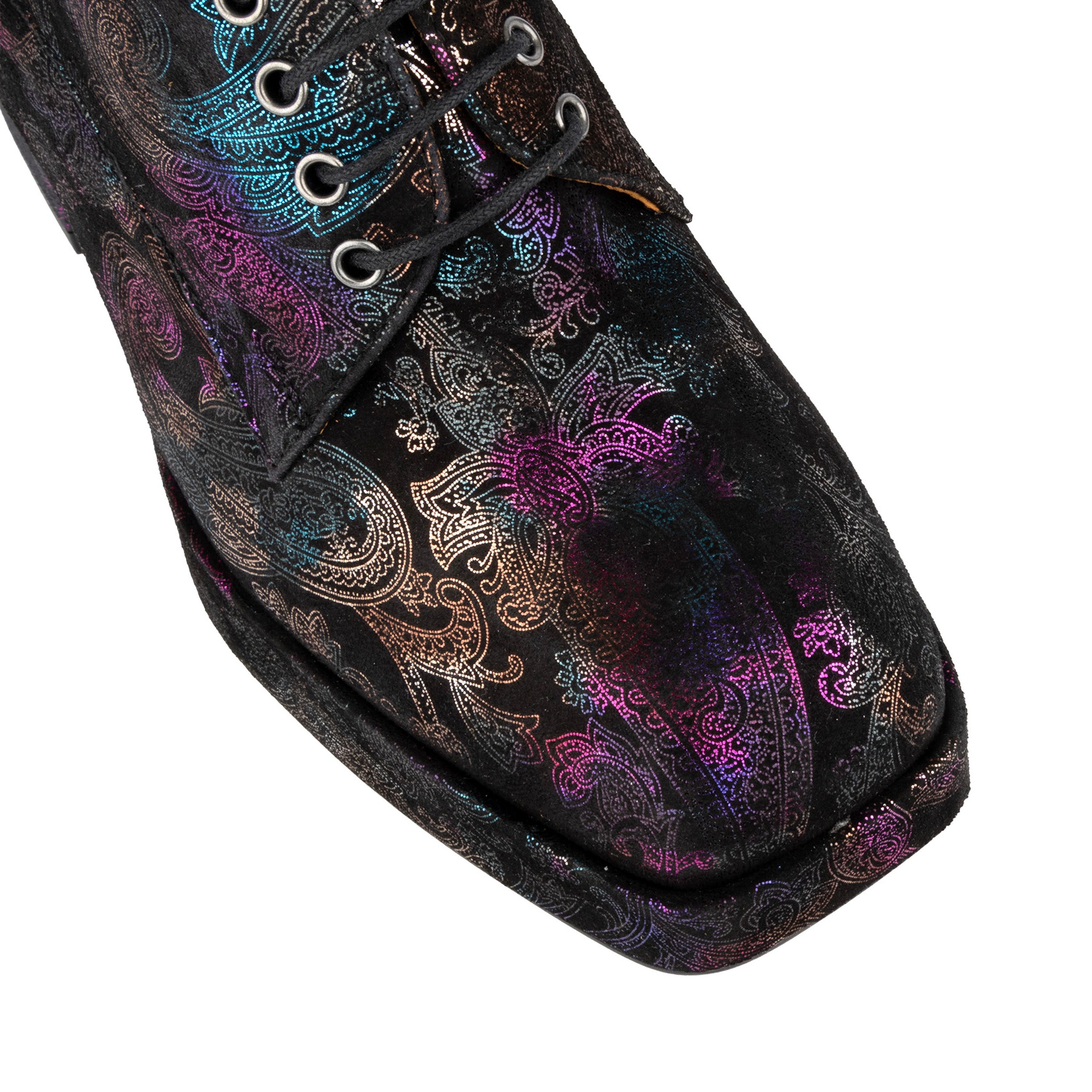 Roulette Platform - Black Foil - Women's leather oxford pump with platform and block heel