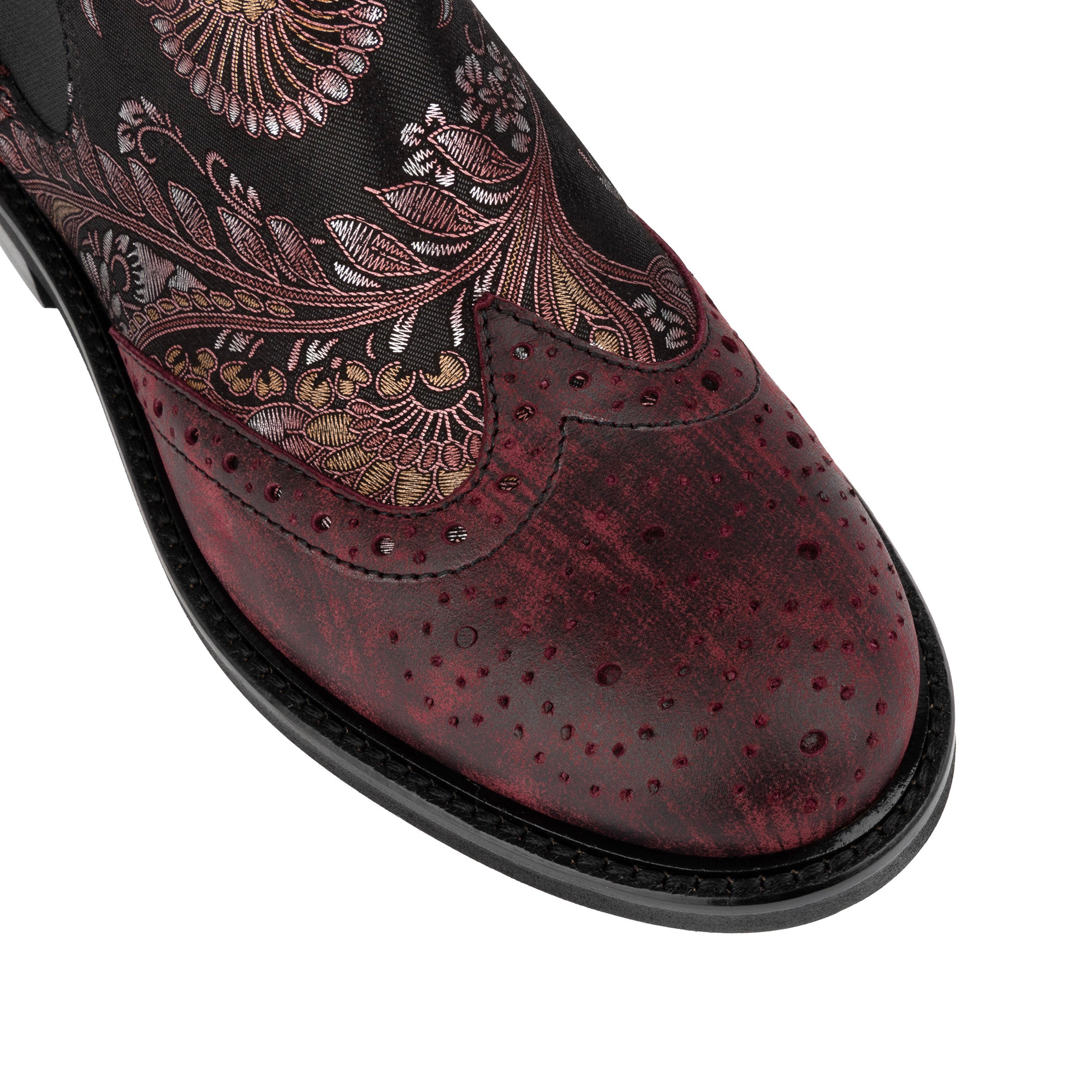 Mamacita - Floral & Burgundy - Women's chelsea boot with wingtip brogue detail