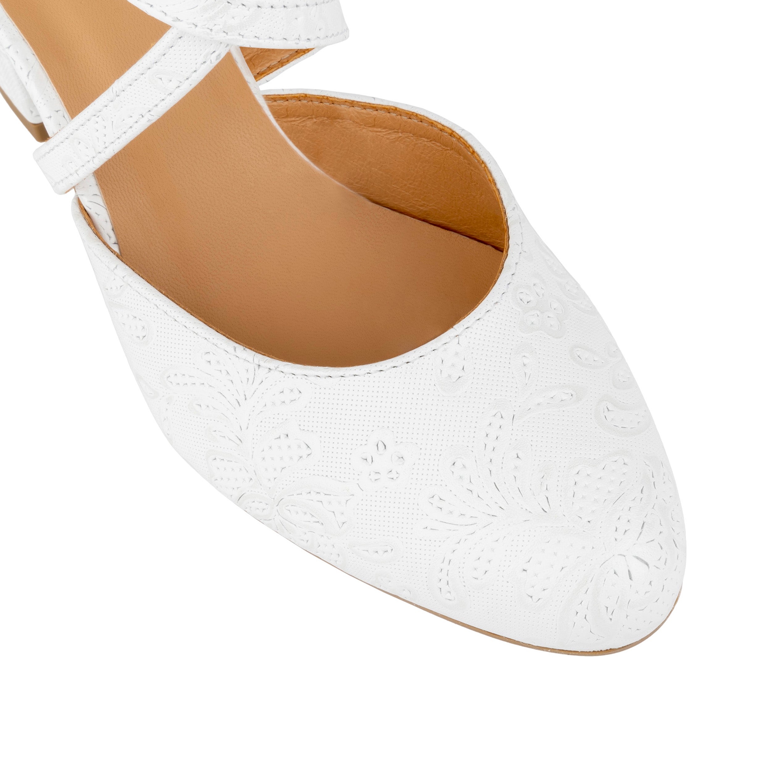 Kylie - Wedding White - Women's leather strappy 3 inch block heel in white floral emboss leather