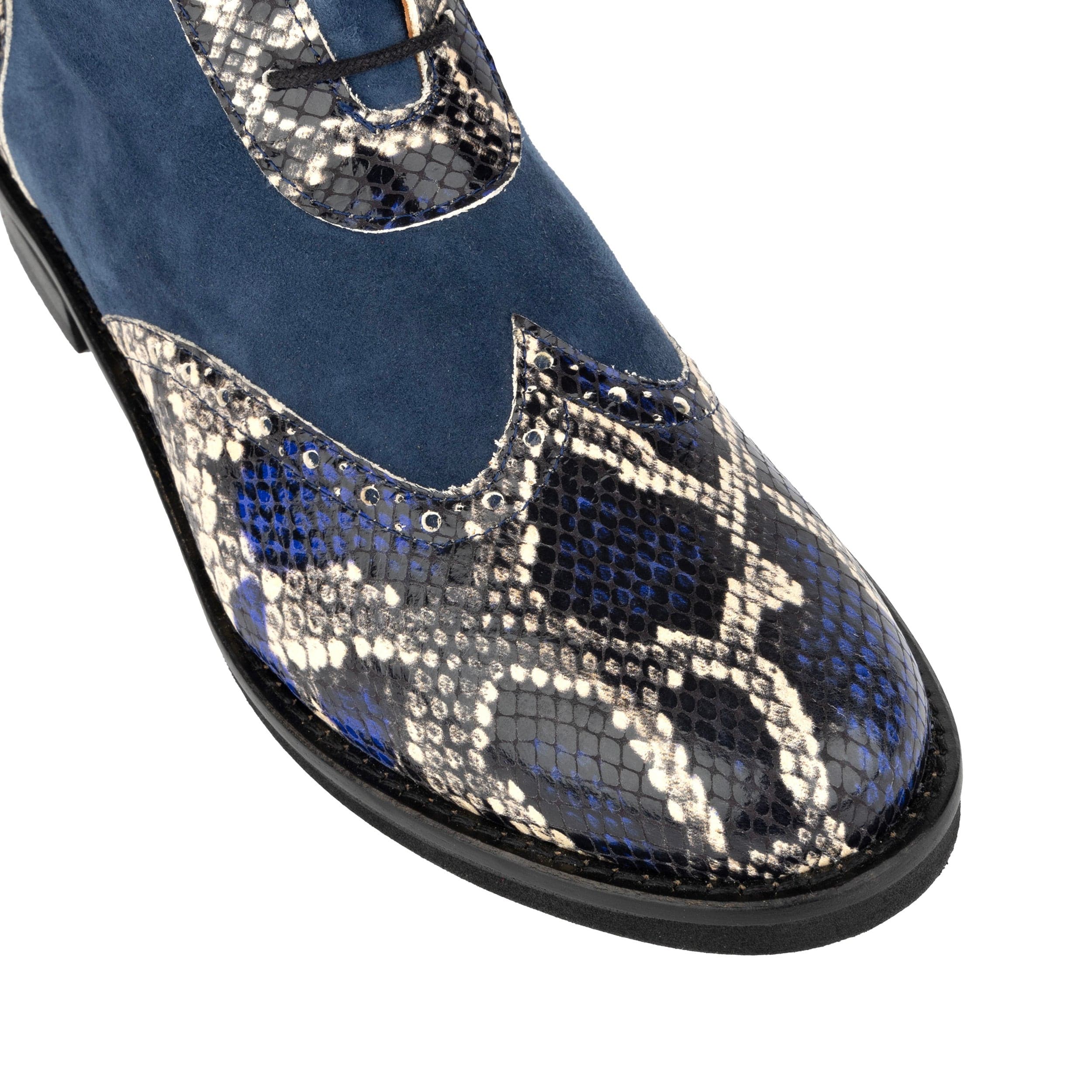 Mantis - Blue Snake - Women's above-the-ankle lace-up boot with brogue & snake print detailing