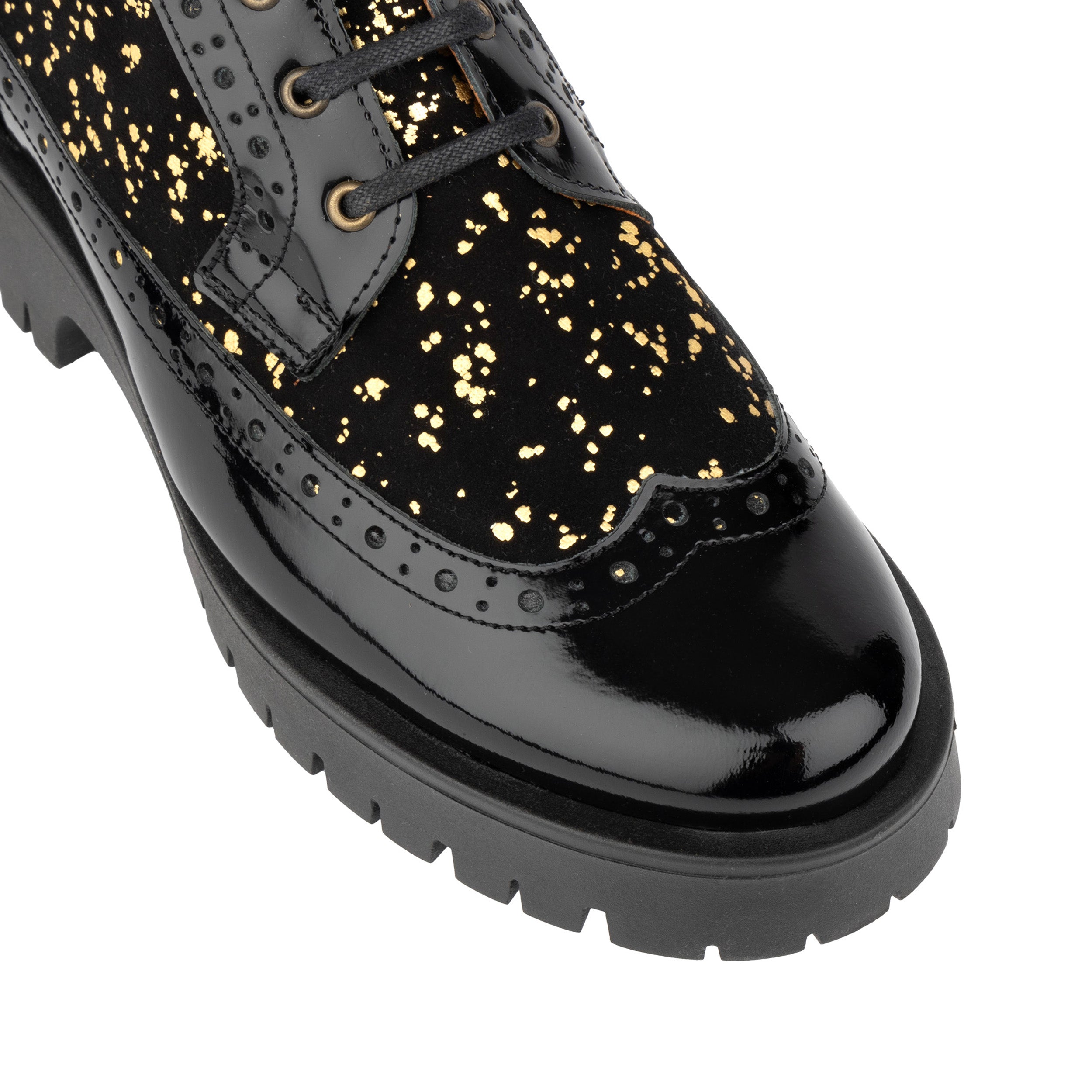 Hatter Platform - Drops - Women's ankle boot in golden paint drops on black leather