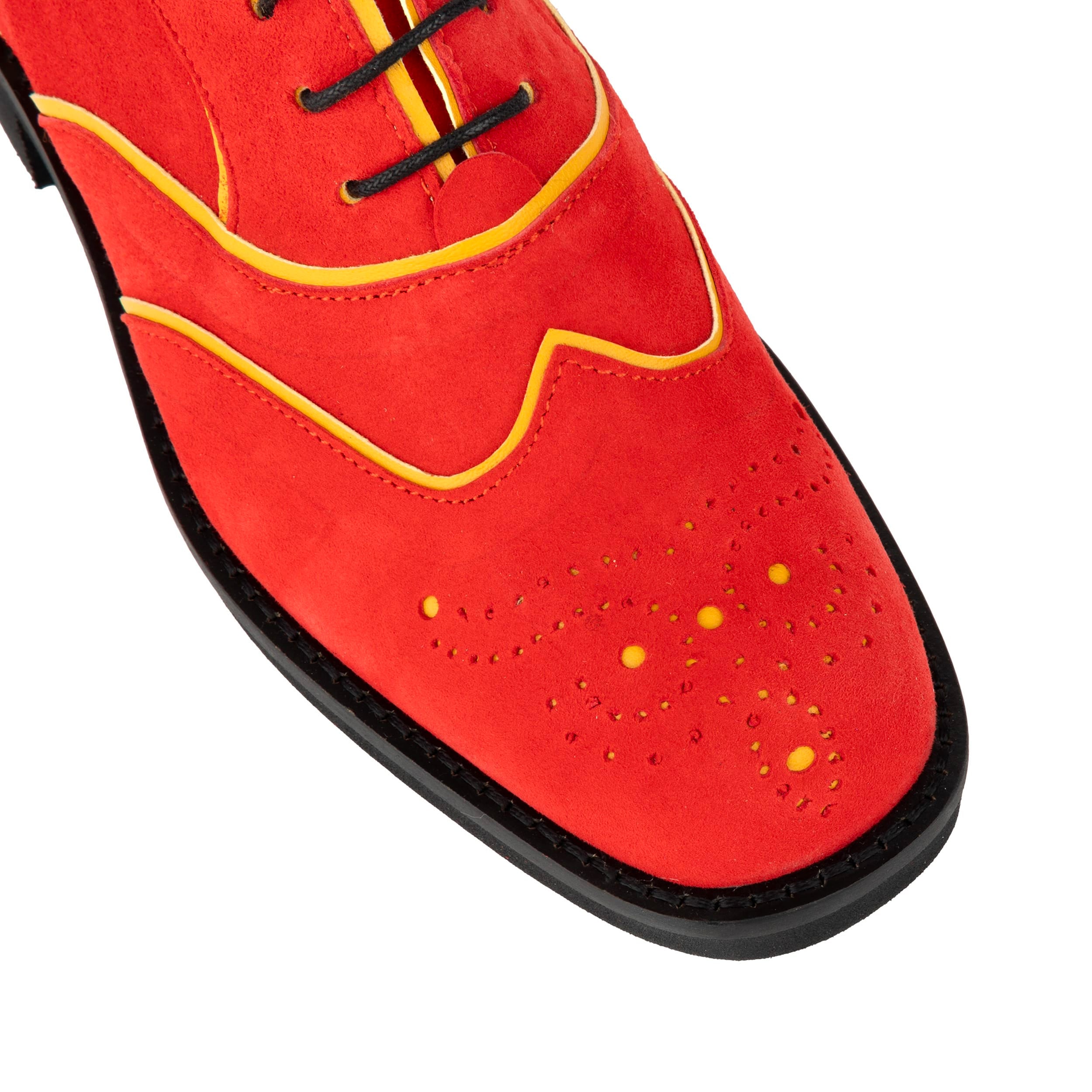 Sun - Red & Yellow - Women's Suede Wingtip Oxford Brogue with Contrast Piping