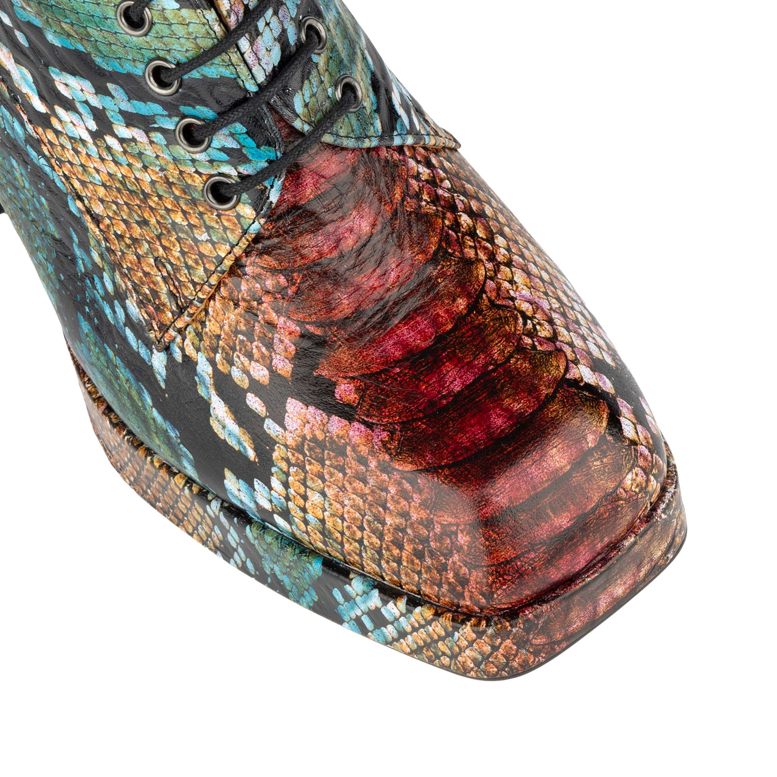 Roulette Platform - Green & Brown Snake - Women's leather oxford pump with platform and block heel