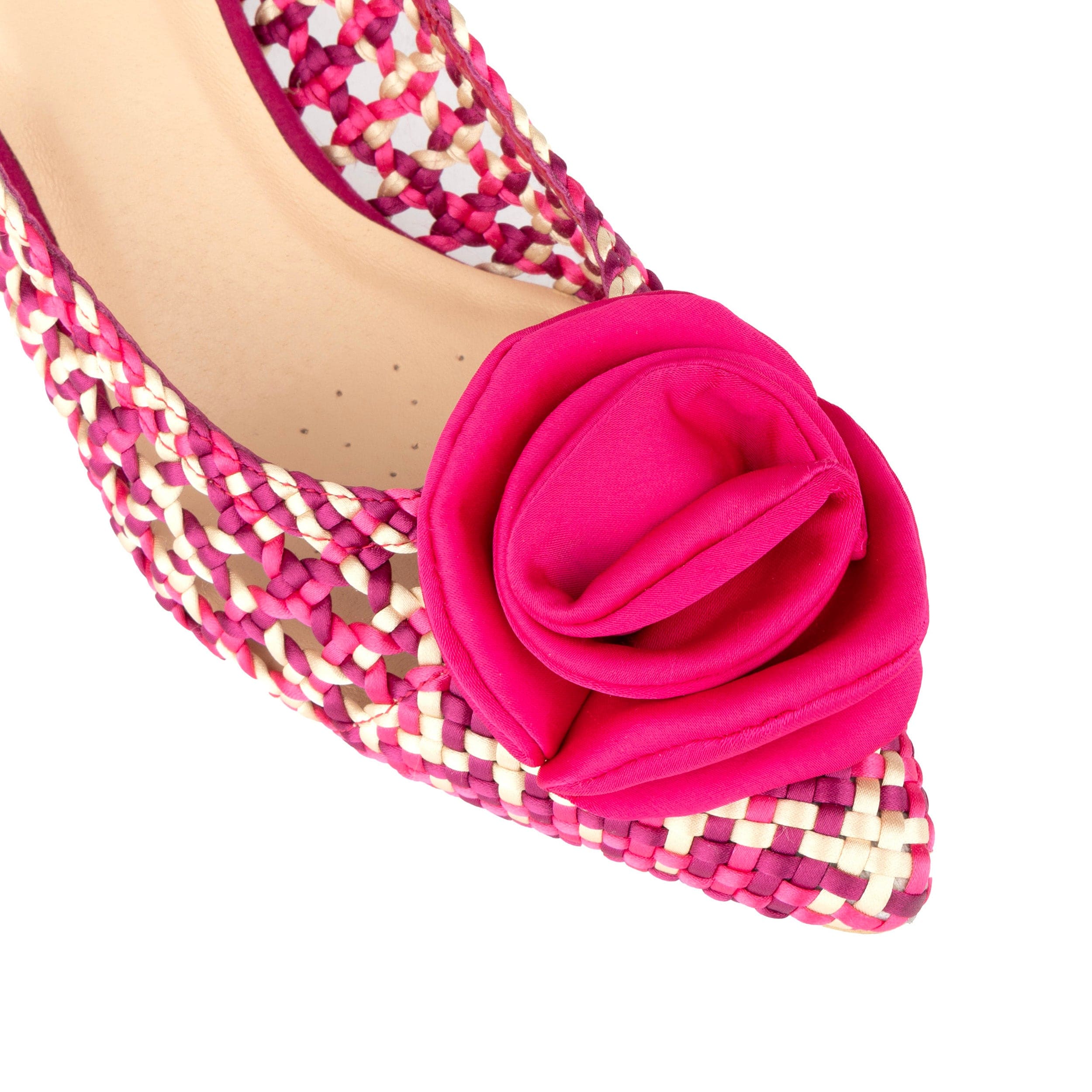 Velora - Pink - Women's mid heel sling back sandal with woven leather upper and satin bow