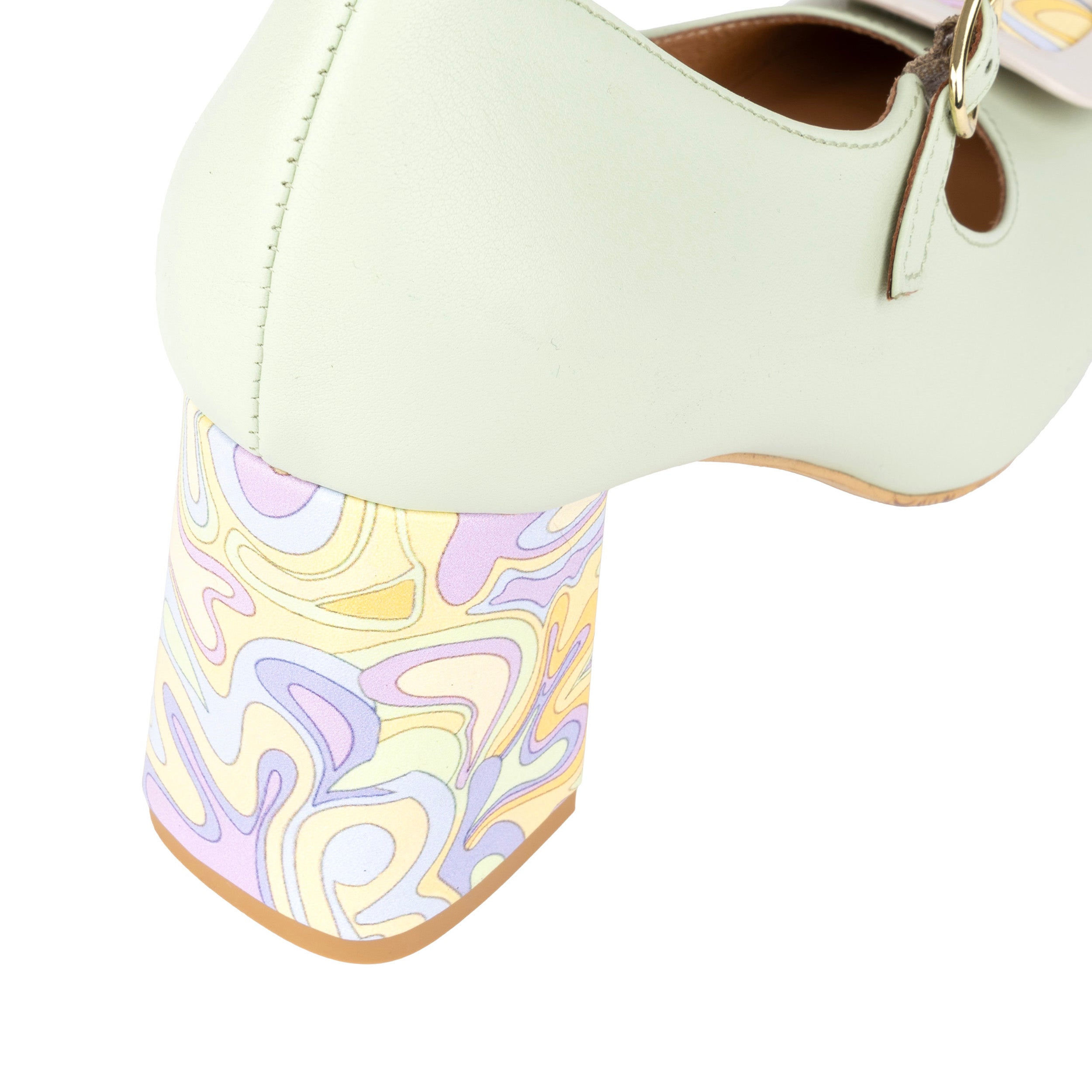 Button - Mint & Multi Pastel Print - Women's Leather Round-toe Mary Jane Pump with Block Heel