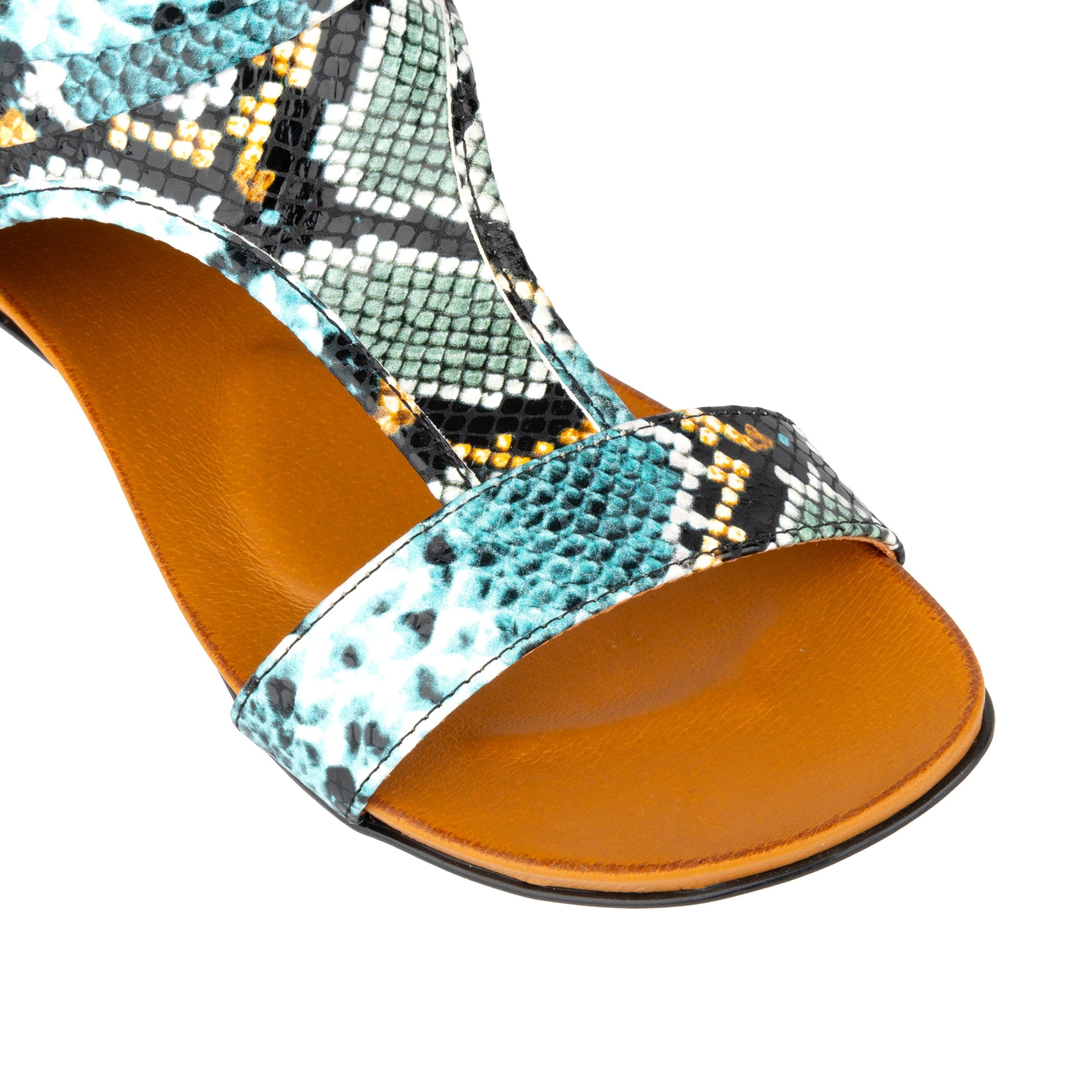 Downtown - Blue Snake - Women's flat T-bar sandal with covered heel