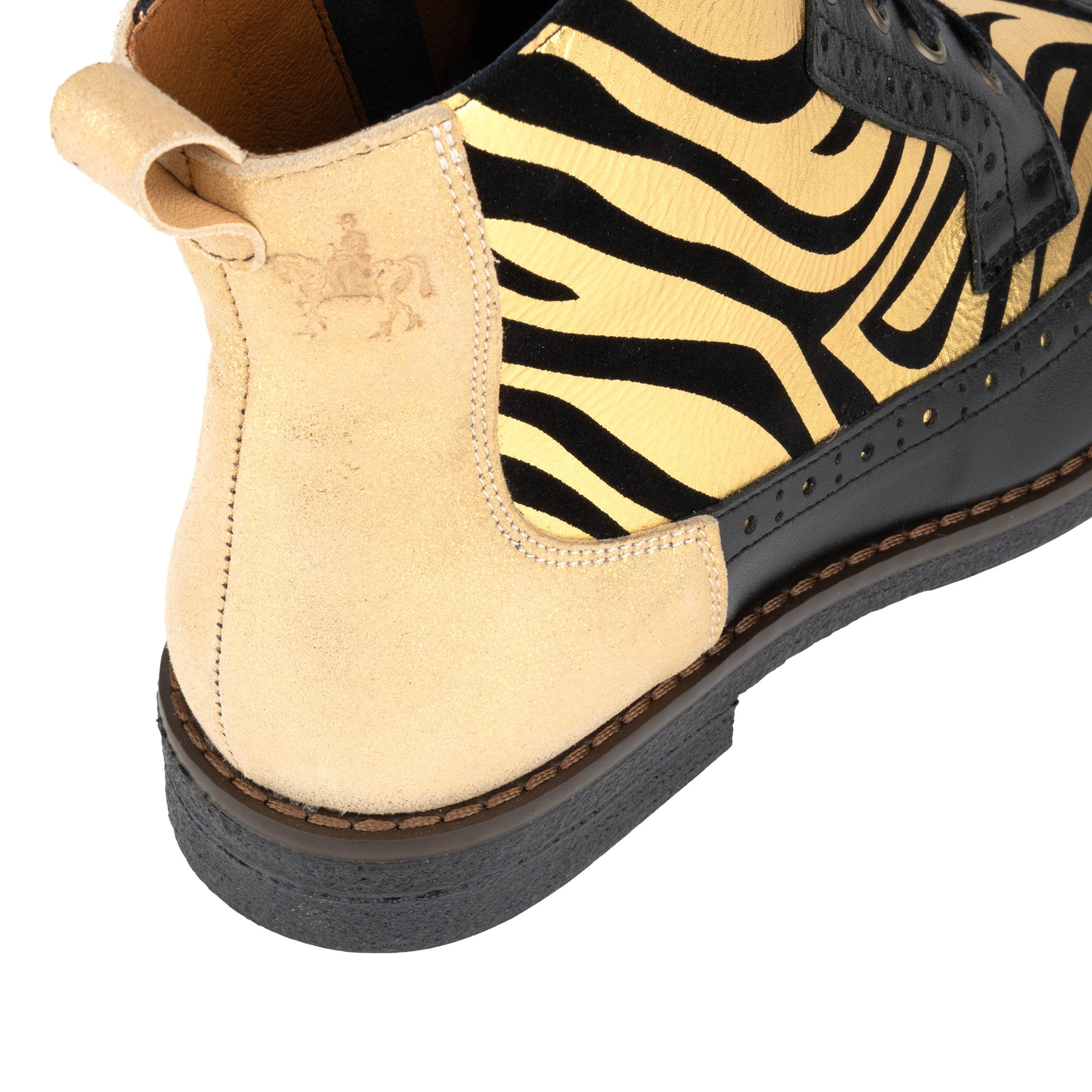 Hatter - Black & Gold Stripes - Women's Leather Ankle Lace-up Boot with gold foil zebra stripes
