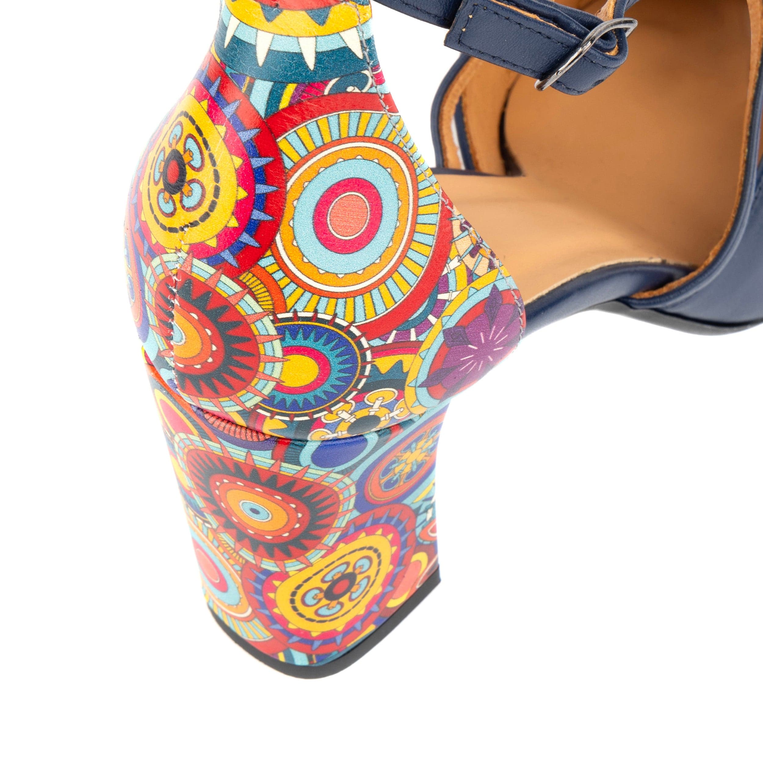 Kylie - Navy & Signature Print - Women's leather strappy 3 inch block heel in navy