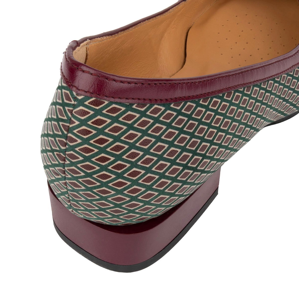 Nirvana - Burgundy & Green Diamond - Womens leather block heel ballerina pumps