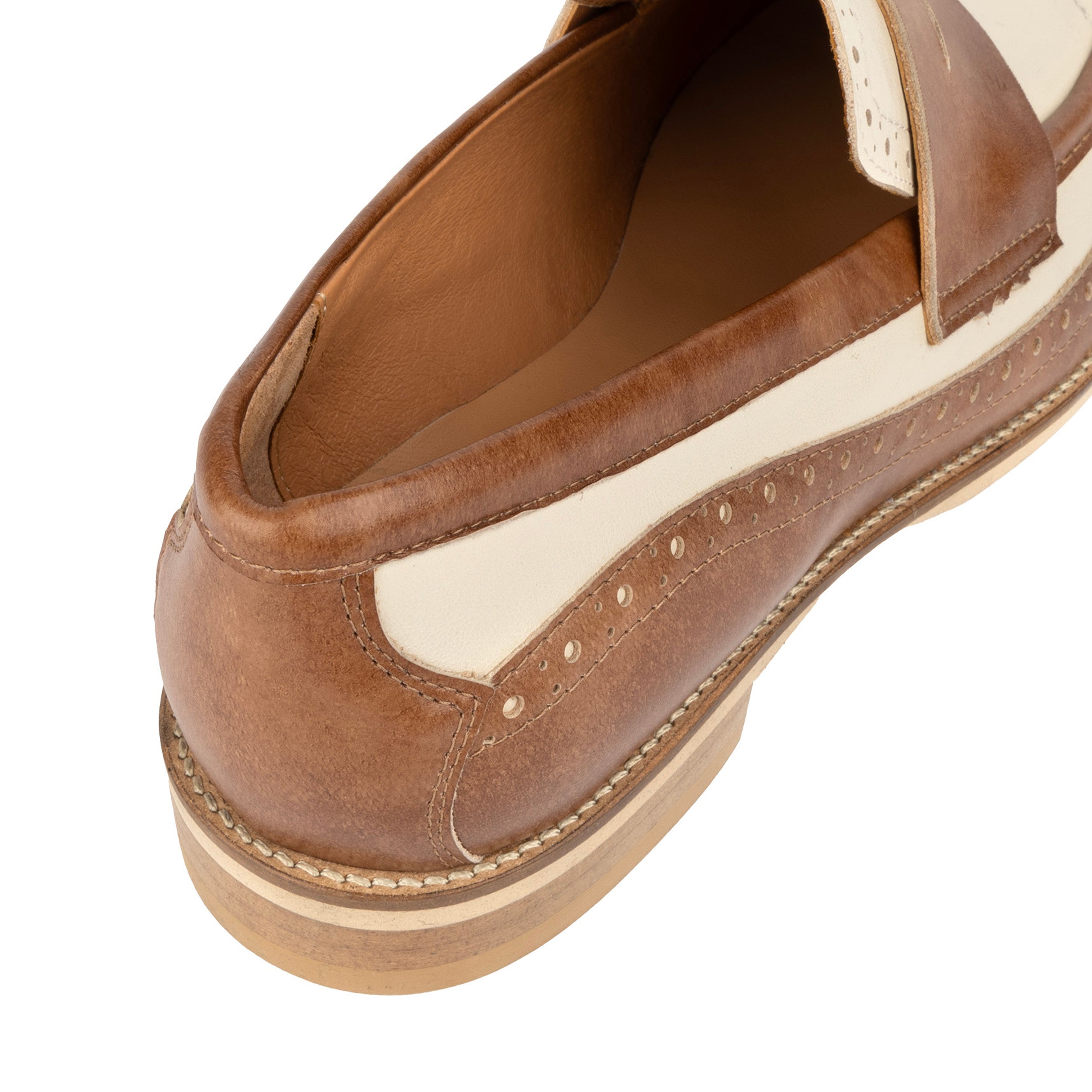 Angelina - Tan & Cream - Women's leather almond toe penny loafer with broguing