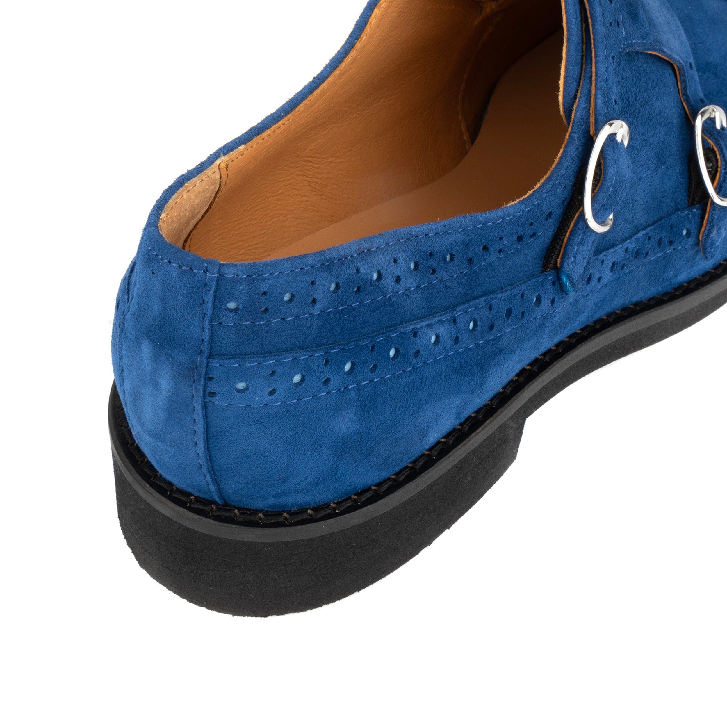 Windsor - Blue - Women's blue suede leather monk shoe with brogue detailing