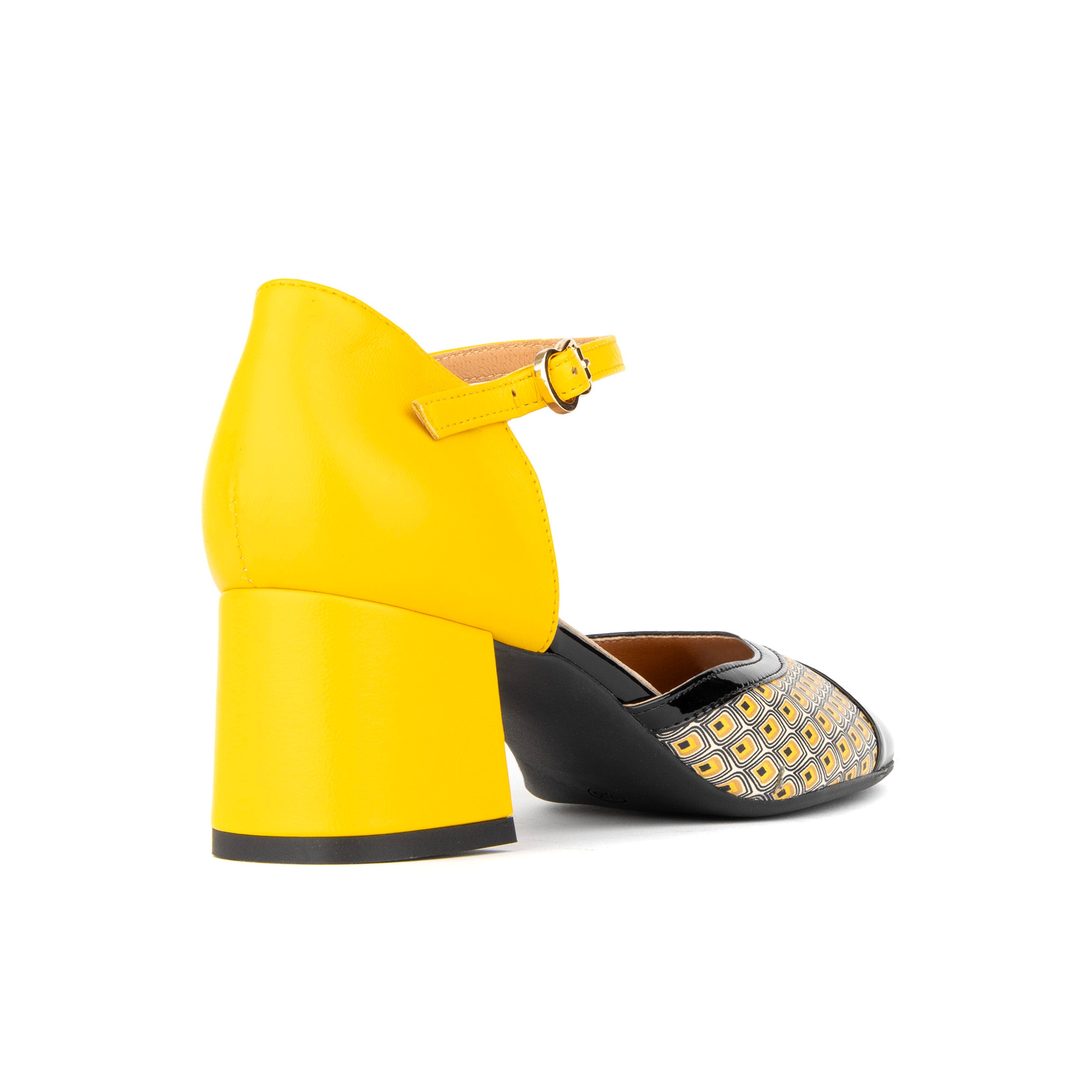 Kemi - Black & Yellow - Women's Leather Almond-Toe Block Heel