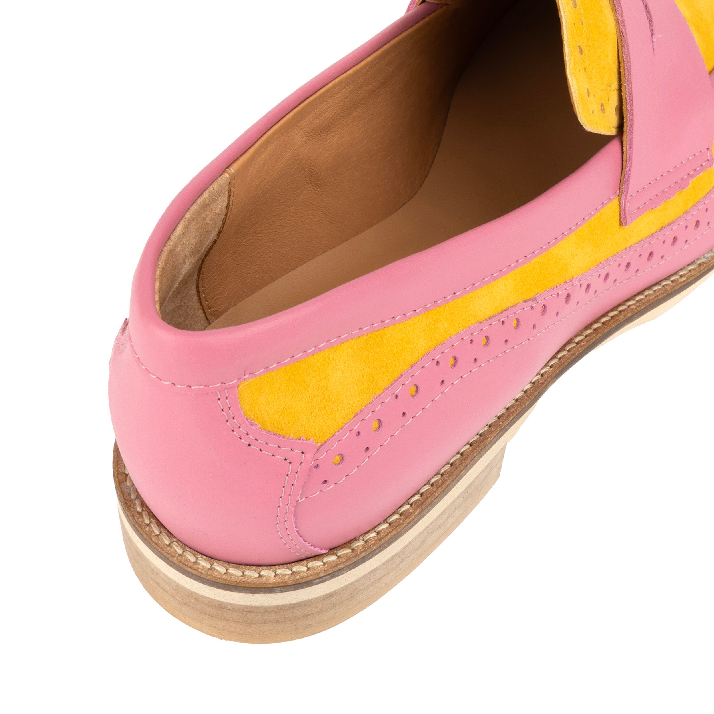 Angelina - Pink & Yellow - Women's Leather Almond Toe Penny Loafer with Broguing