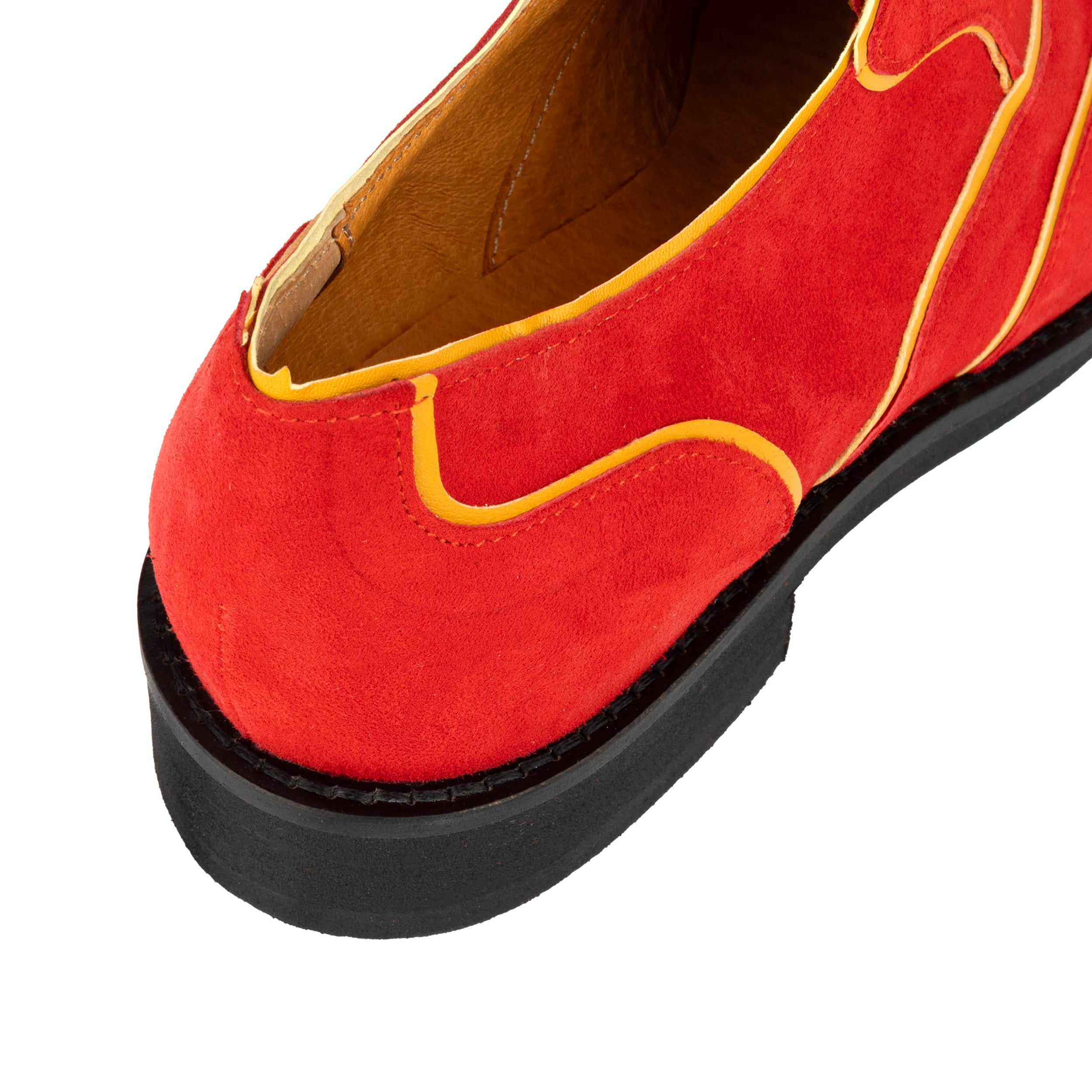 Sun - Red & Yellow - Women's Suede Wingtip Oxford Brogue with Contrast Piping